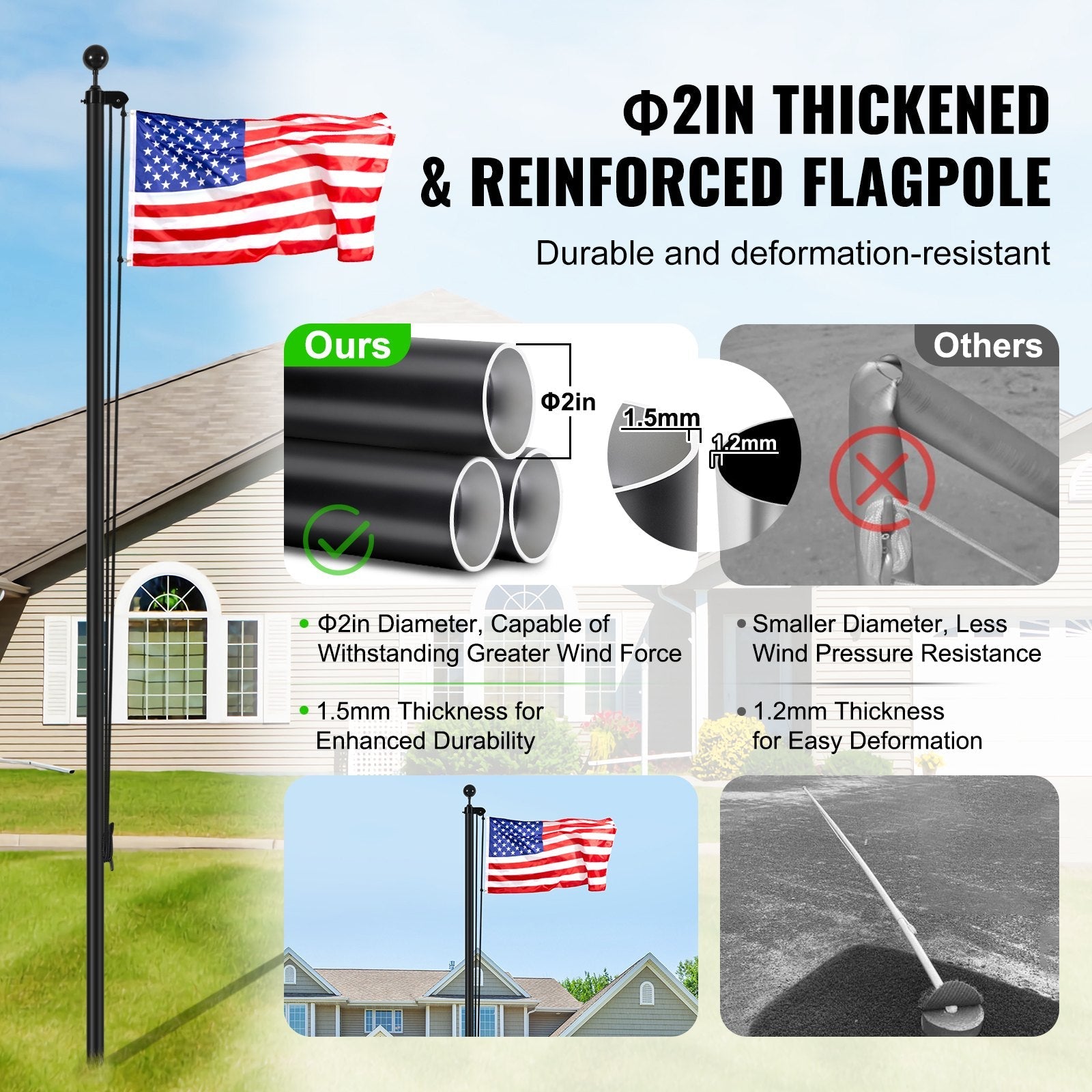 VEVOR 30FT Detachable Flagpole Kit Heavy Duty Aluminum Flag Pole Black 