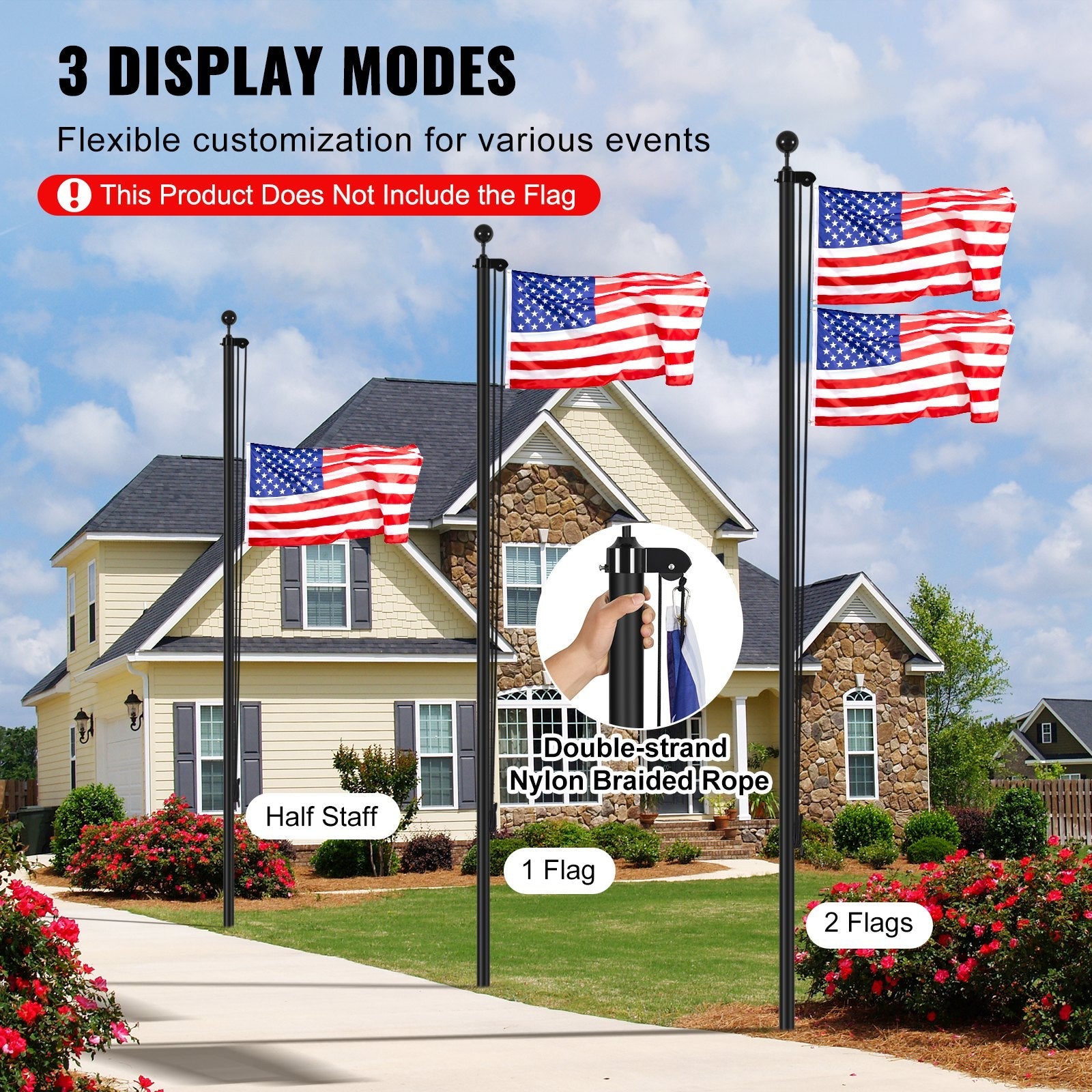 VEVOR 30FT Detachable Flagpole Kit Heavy Duty Aluminum Flag Pole Black 