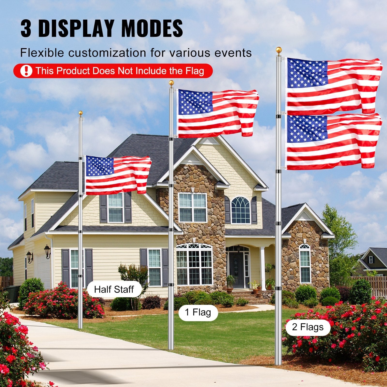 VEVOR 20FT Telescopic Flagpole Kit Heavy Duty Aluminum Flag Pole Silver 