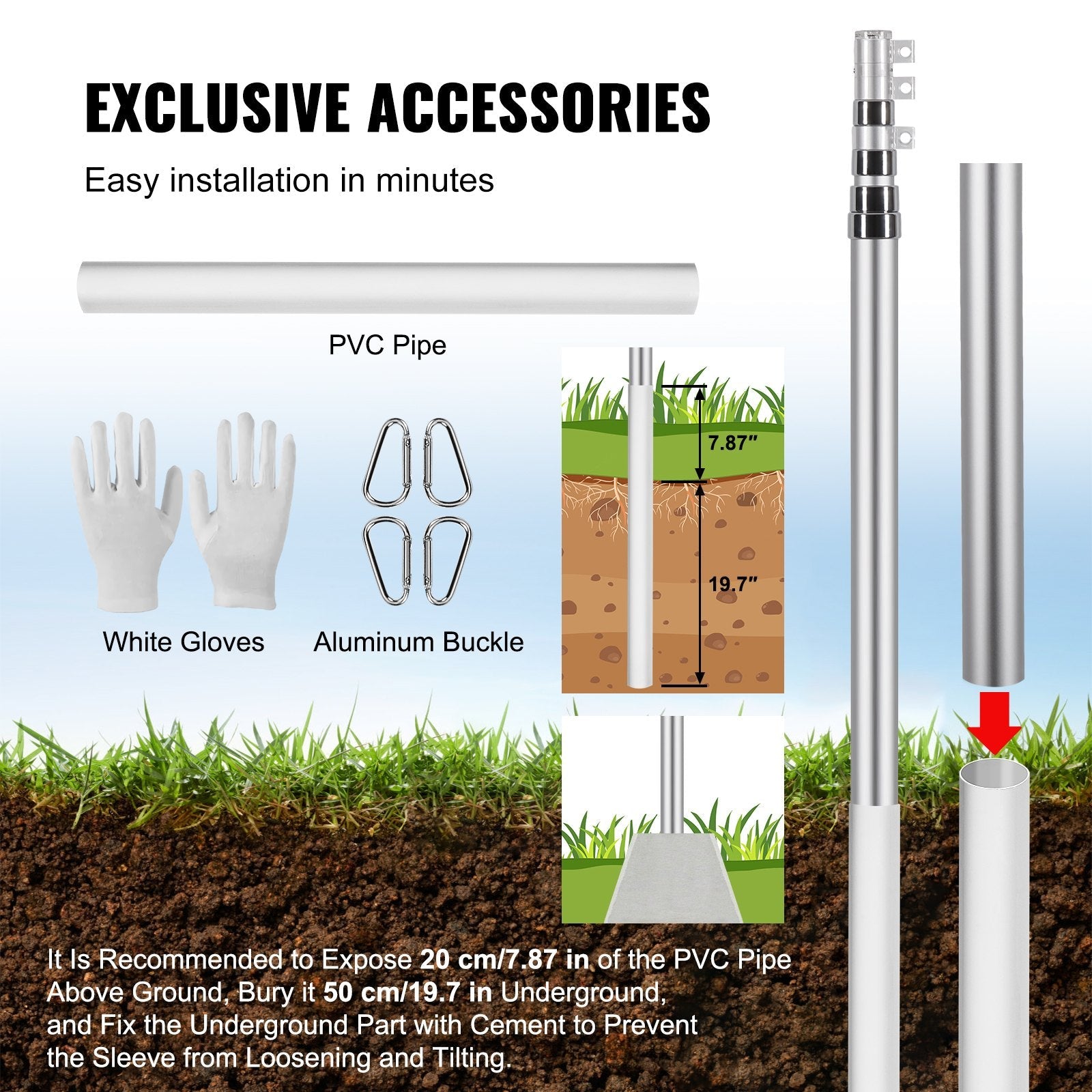 VEVOR 20FT Telescopic Flagpole Kit Heavy Duty Aluminum Flag Pole Silver 