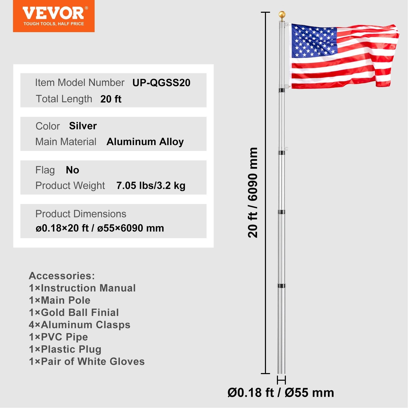 VEVOR 20FT Telescopic Flagpole Kit Heavy Duty Aluminum Flag Pole Silver 
