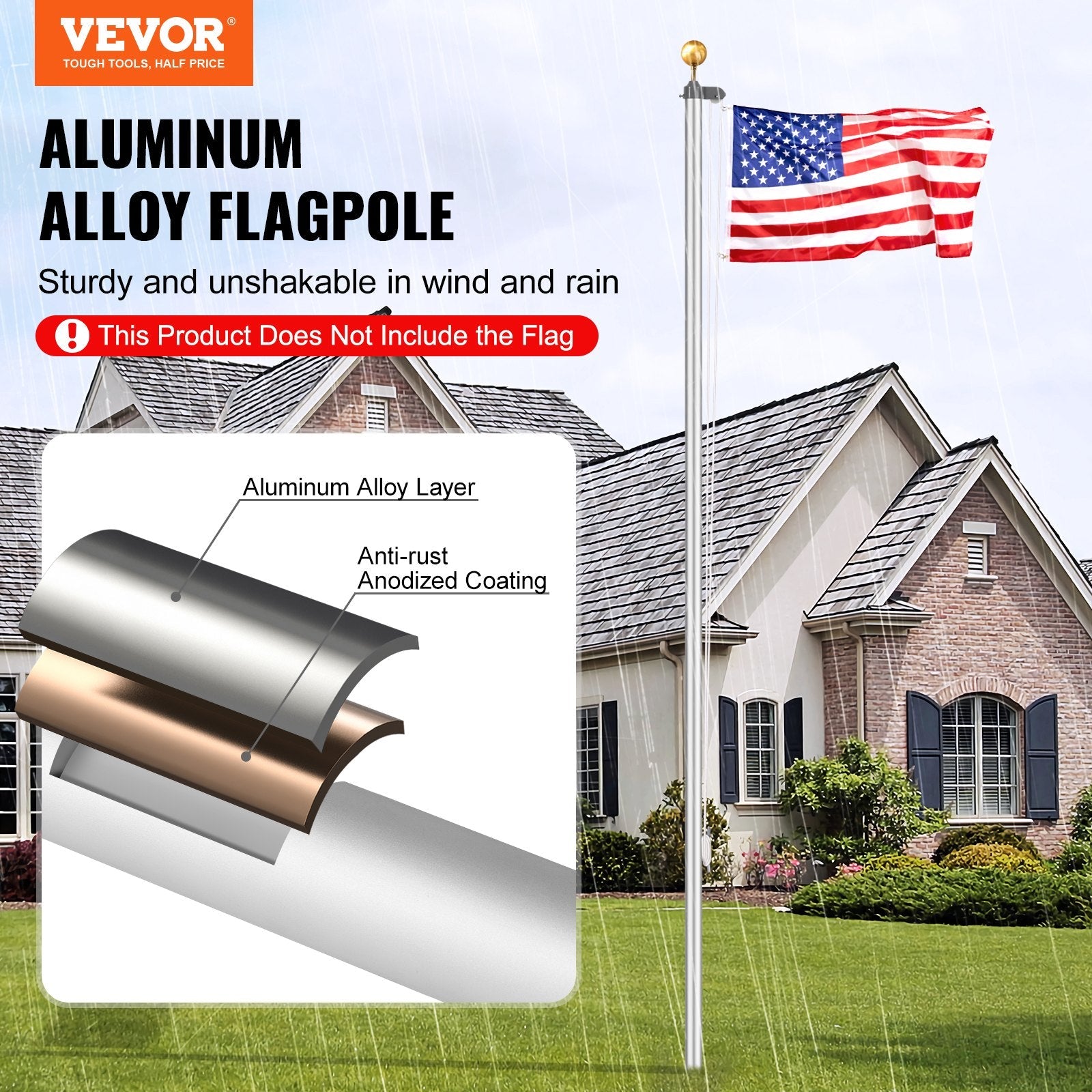 VEVOR 25FT Detachable Flagpole Kit Heavy Duty Aluminum Flag Pole Silver 