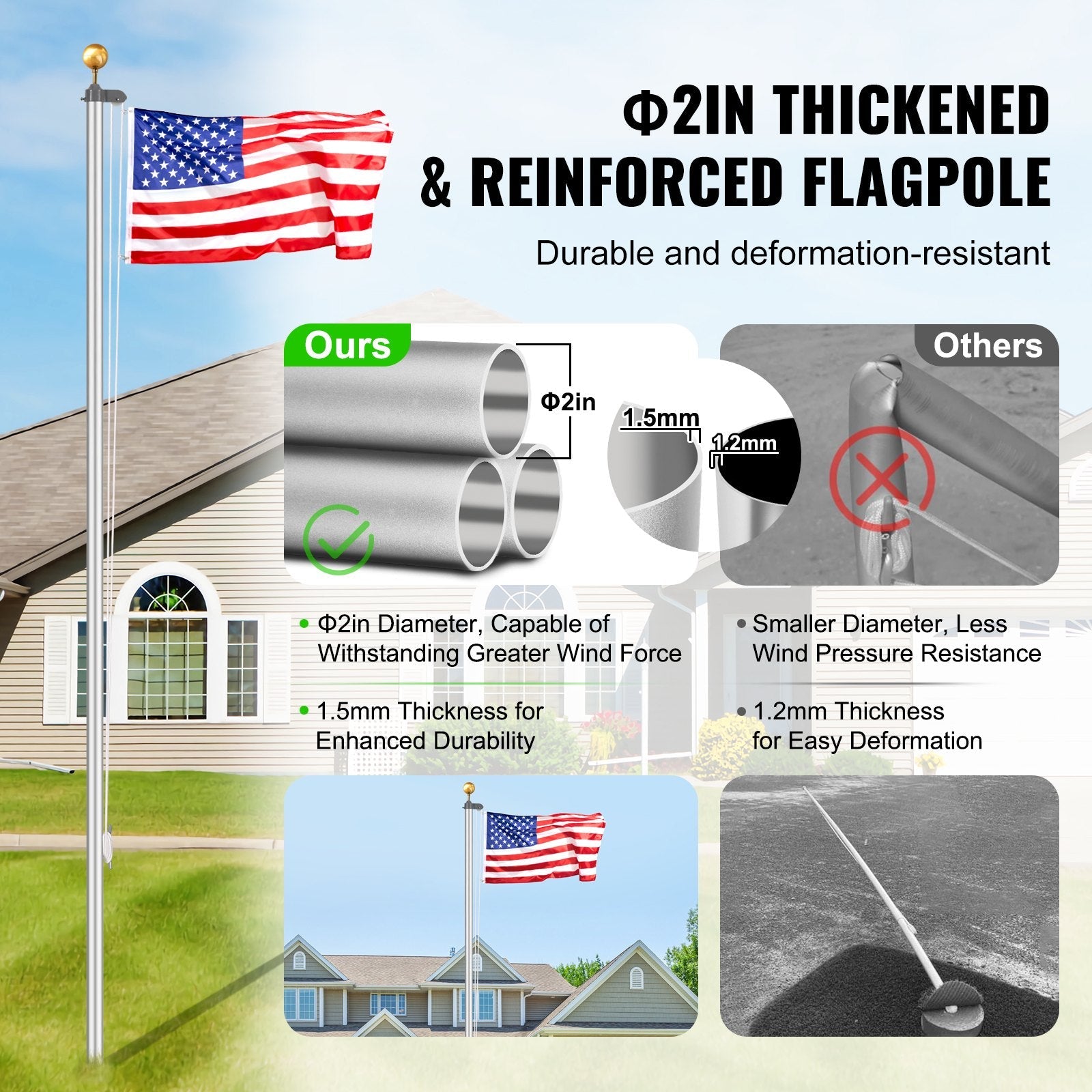 VEVOR 25FT Detachable Flagpole Kit Heavy Duty Aluminum Flag Pole Silver 