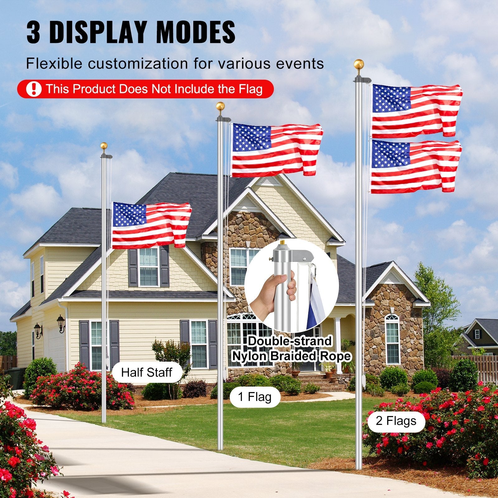 VEVOR 25FT Detachable Flagpole Kit Heavy Duty Aluminum Flag Pole Silver 