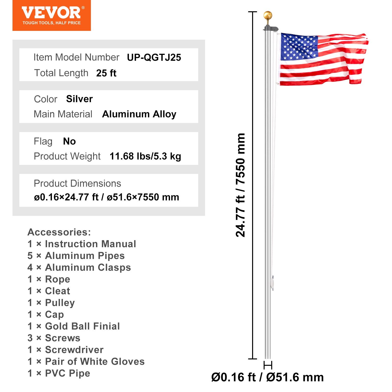 VEVOR 25FT Detachable Flagpole Kit Heavy Duty Aluminum Flag Pole Silver 