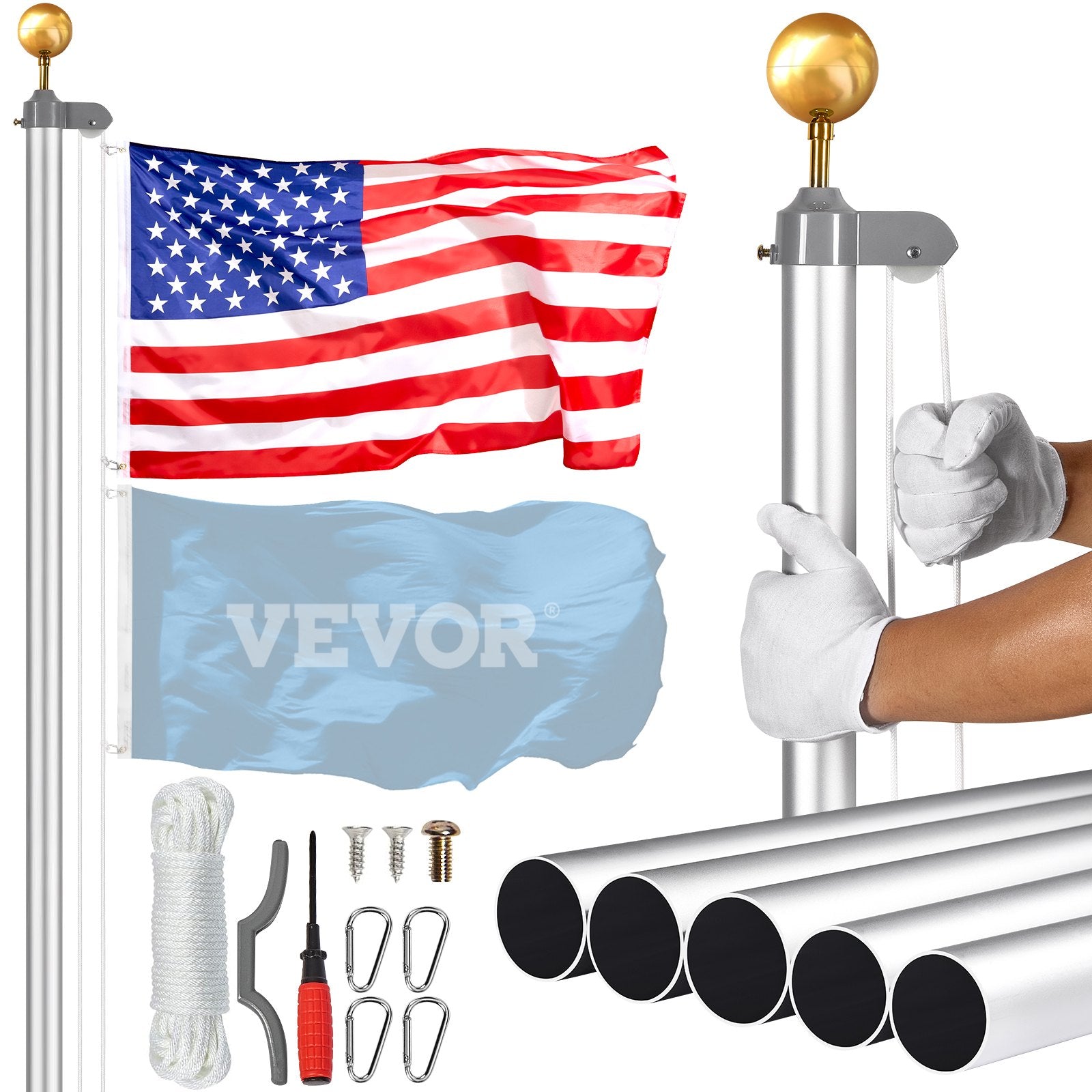 VEVOR 25FT Detachable Flagpole Kit Heavy Duty Aluminum Flag Pole Silver 