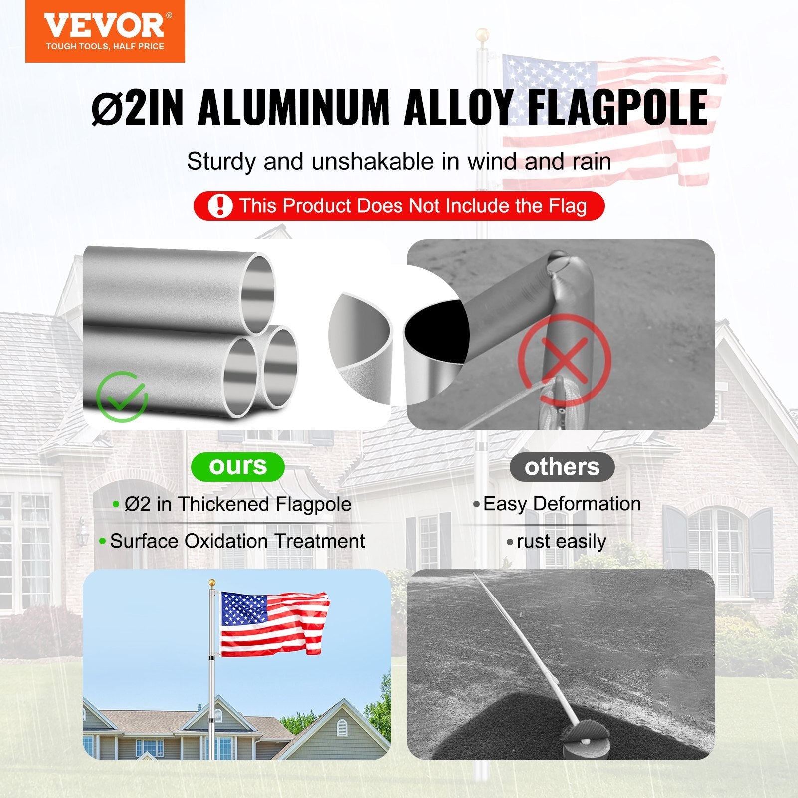 VEVOR 30FT Telescopic Flagpole Kit Heavy Duty Aluminum Flag Pole Silver 