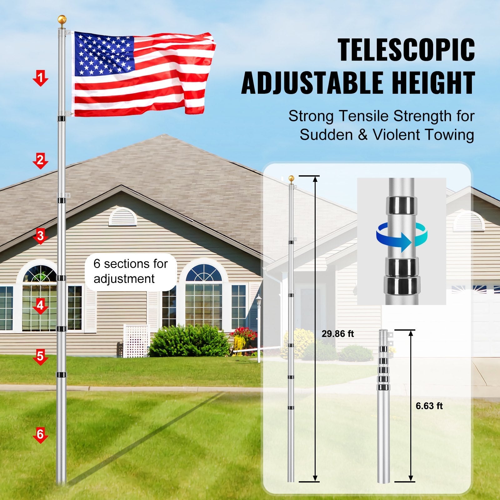 VEVOR 30FT Telescopic Flagpole Kit Heavy Duty Aluminum Flag Pole Silver 