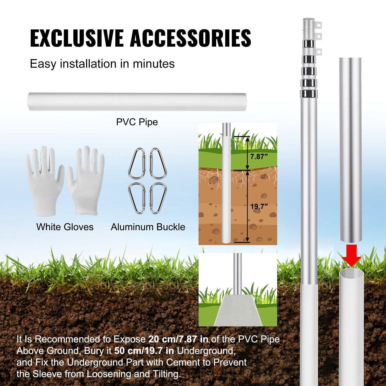VEVOR 30FT Telescopic Flagpole Kit Heavy Duty Aluminum Flag Pole Silver 