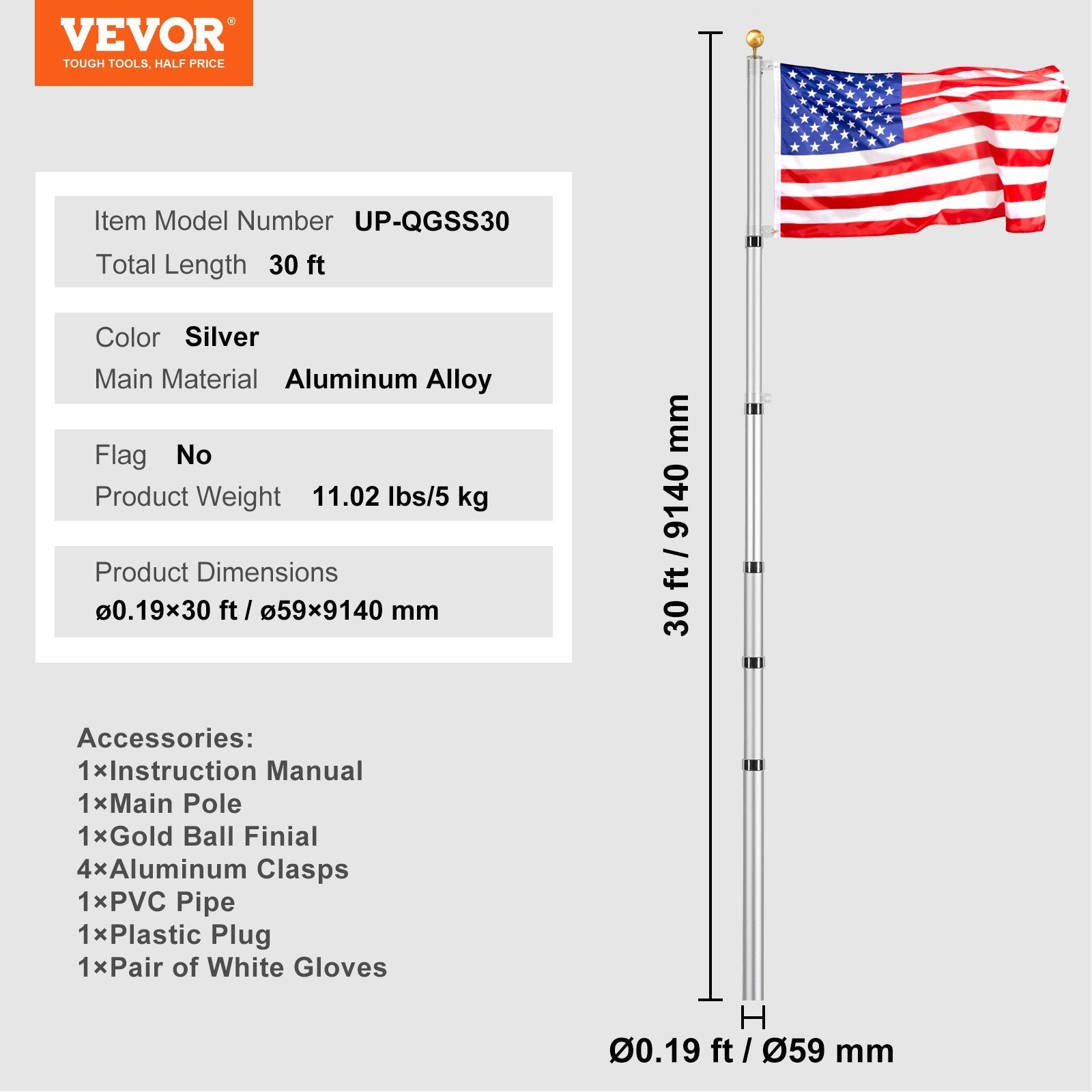 VEVOR 30FT Telescopic Flagpole Kit Heavy Duty Aluminum Flag Pole Silver 