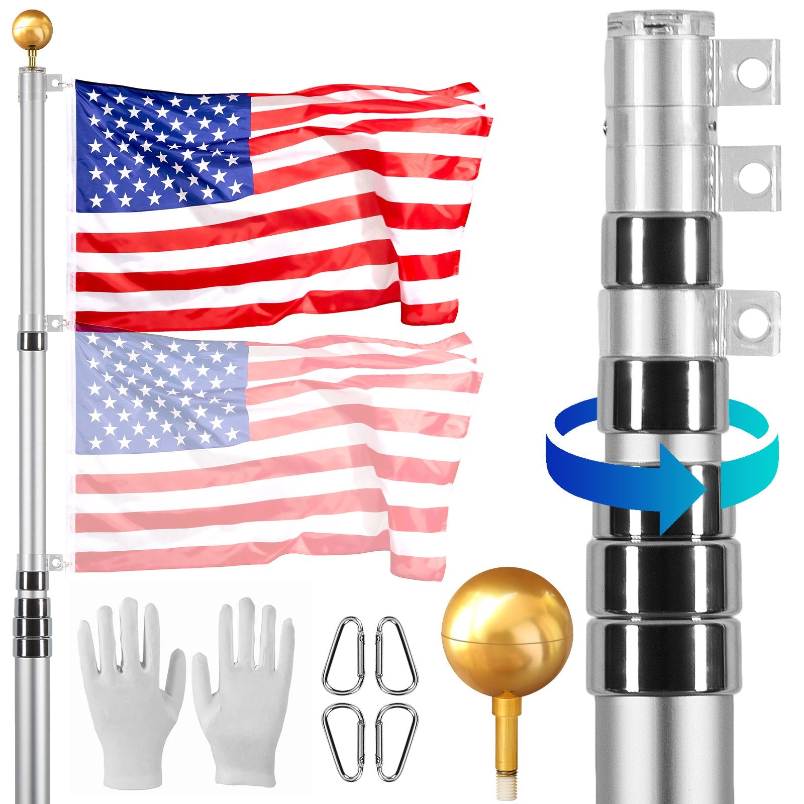 VEVOR 30FT Telescopic Flagpole Kit Heavy Duty Aluminum Flag Pole Silver 