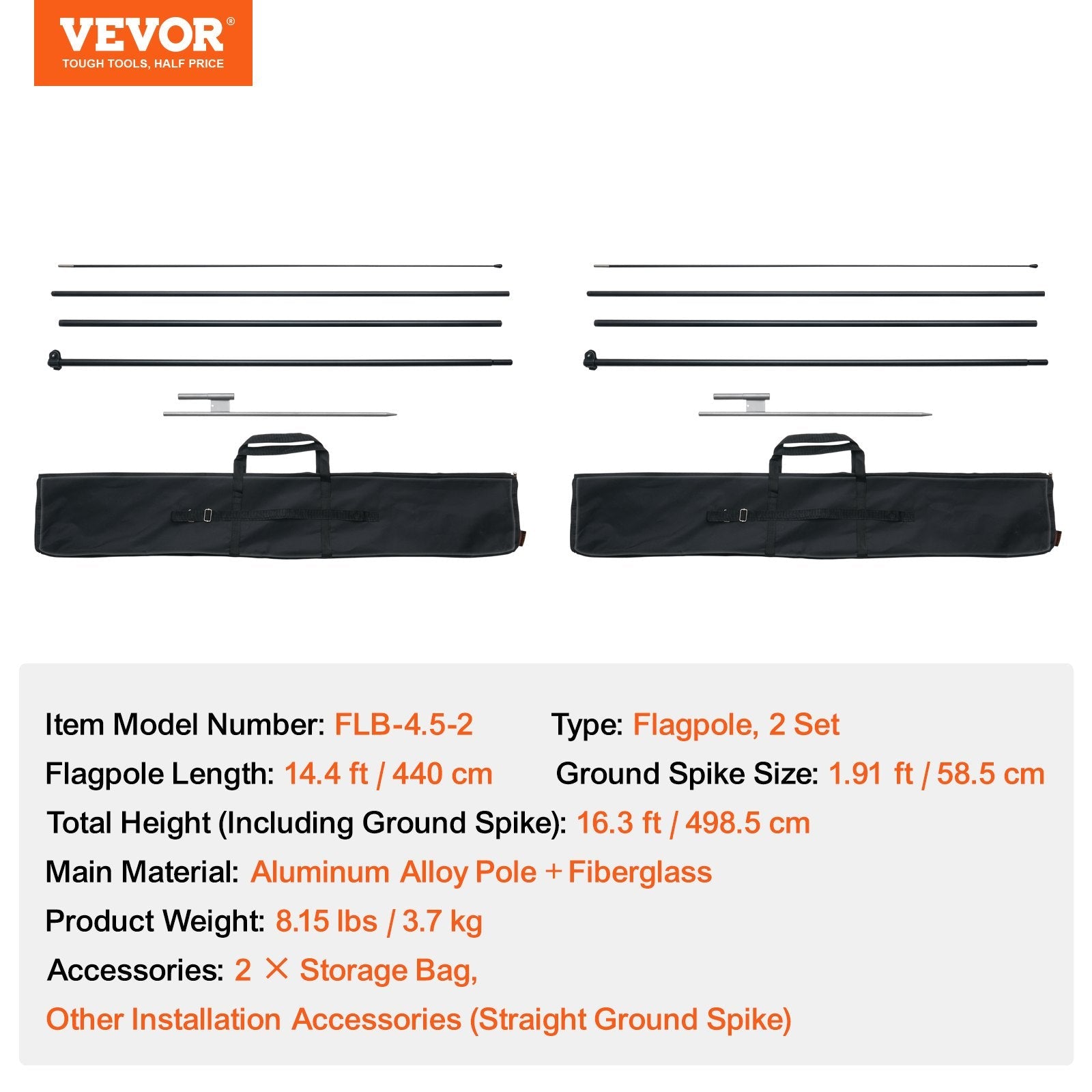VEVOR Feather Flag Pole Kit 2 Packs Swooper Flag Pole 16.3 ft with Ground Stakes 