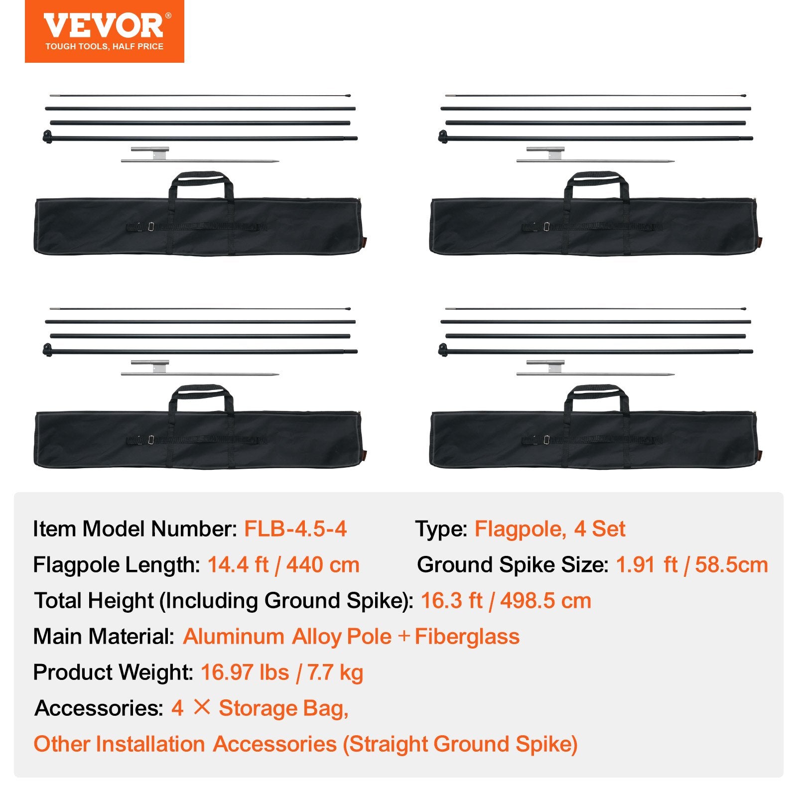 VEVOR Feather Flag Pole Kit 4 Packs Swooper Flag Pole 16.3 ft with Ground Stakes 