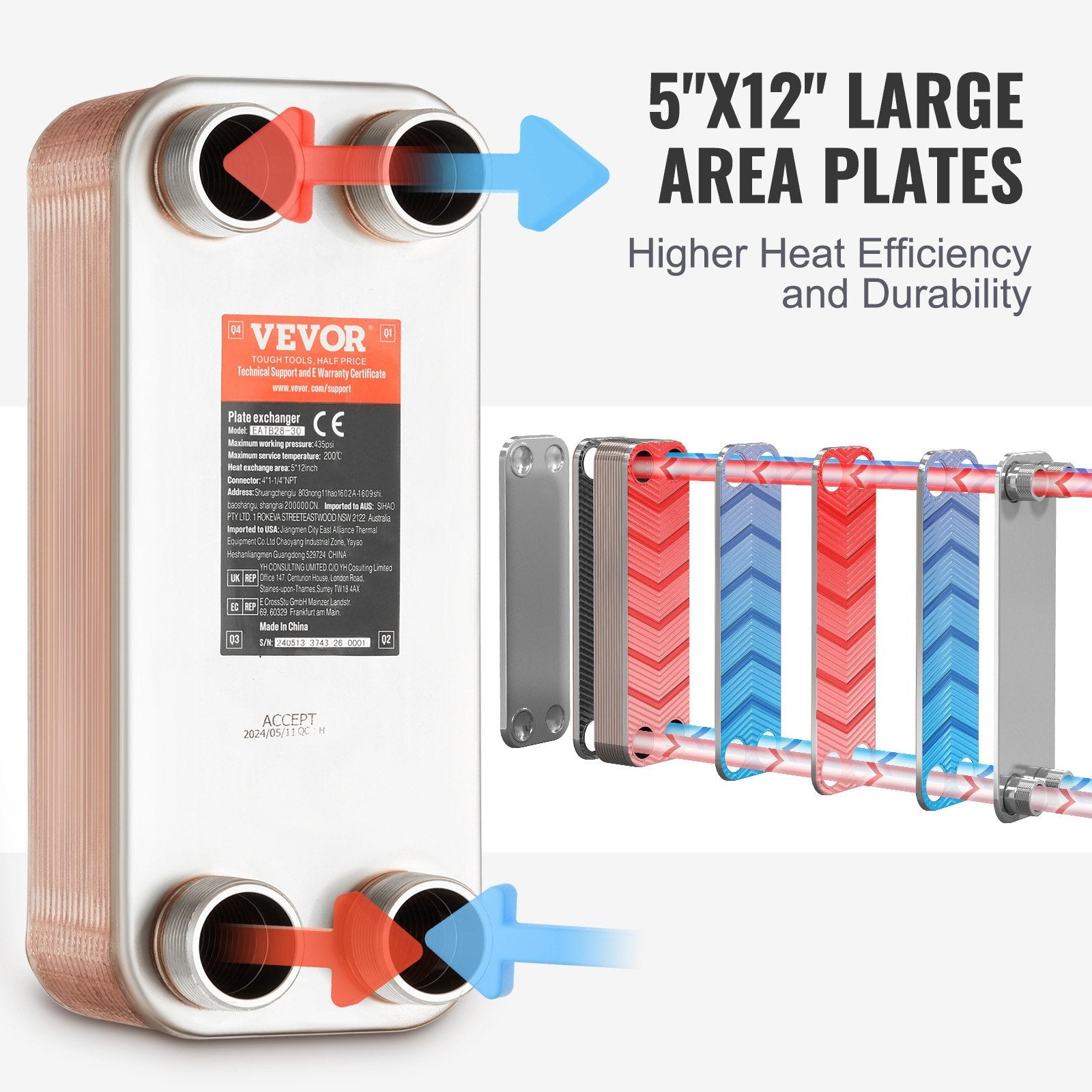 VEVOR Heat Exchanger, 5"x 12" 30 Plates Brazed Plate Heat Exchanger, Copper/316L Stainless Steel Water To Water Heat Exchanger For Floor Heating, Water Heating, Snow Melting, Beer Cooling 