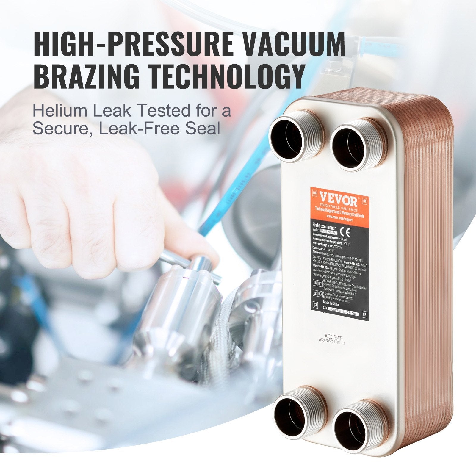 VEVOR Heat Exchanger, 5"x 12" 30 Plates Brazed Plate Heat Exchanger, Copper/316L Stainless Steel Water To Water Heat Exchanger For Floor Heating, Water Heating, Snow Melting, Beer Cooling 