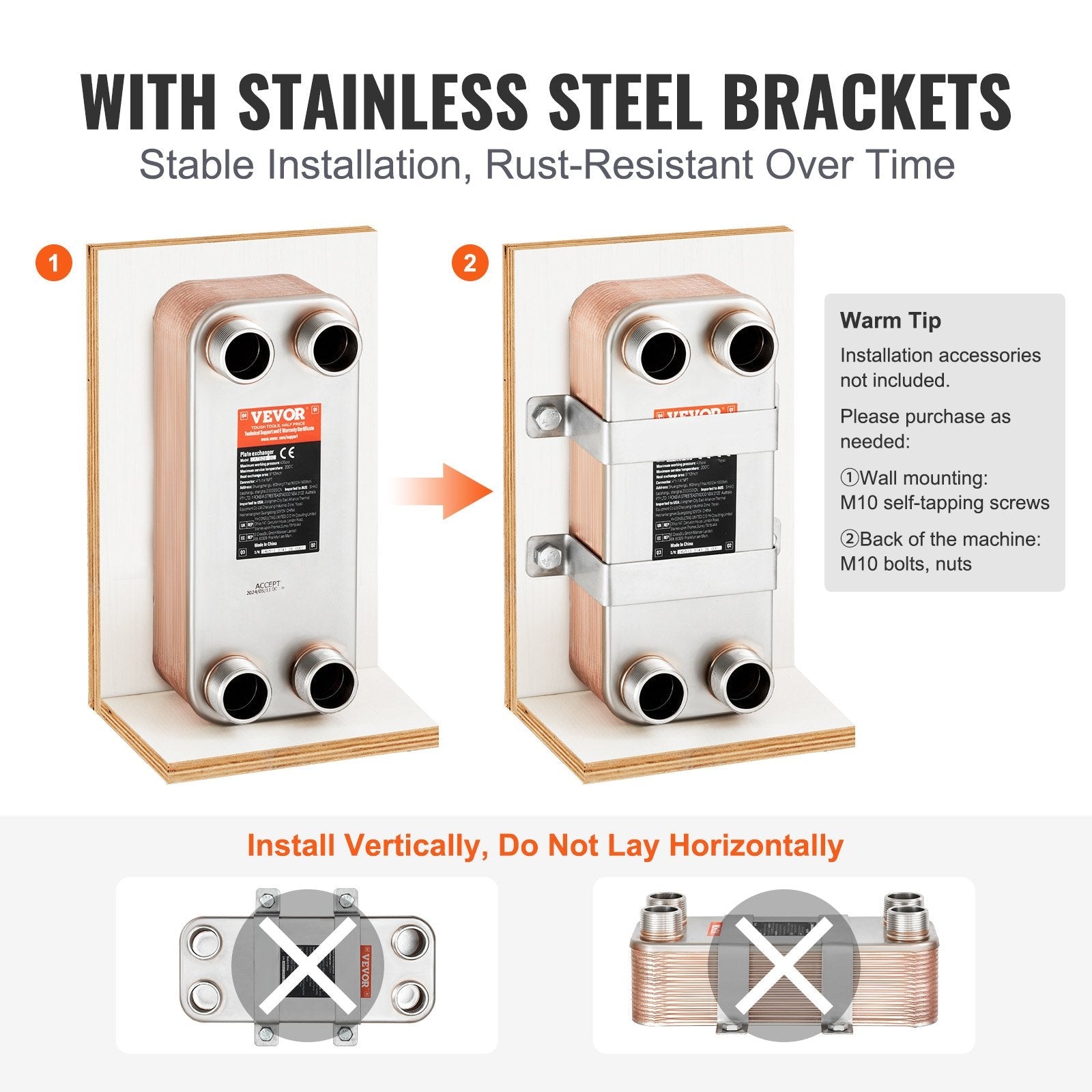 VEVOR Heat Exchanger, 5"x 12" 30 Plates Brazed Plate Heat Exchanger, Copper/316L Stainless Steel Water To Water Heat Exchanger For Floor Heating, Water Heating, Snow Melting, Beer Cooling 