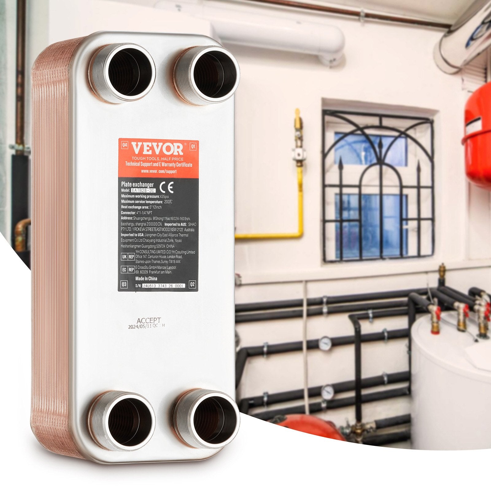 VEVOR Heat Exchanger, 5"x 12" 30 Plates Brazed Plate Heat Exchanger, Copper/316L Stainless Steel Water To Water Heat Exchanger For Floor Heating, Water Heating, Snow Melting, Beer Cooling 
