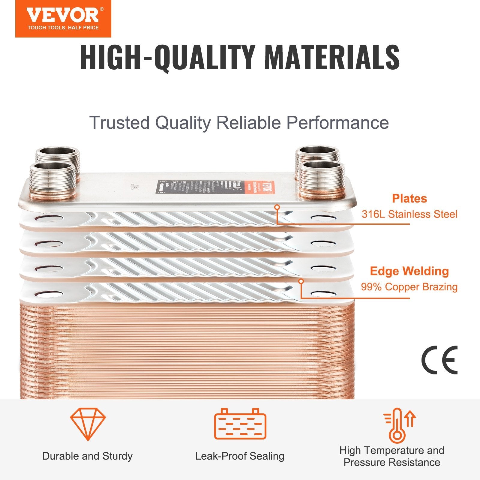 VEVOR Heat Exchanger, 5"x 12" 50 Plates Brazed Plate Heat Exchanger, Copper/316L Stainless Steel Water To Water Heat Exchanger For Floor Heating, Water Heating, Snow Melting, Beer Cooling 