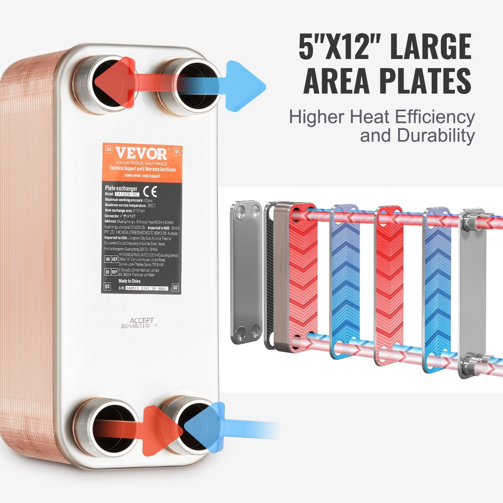 VEVOR Heat Exchanger, 5"x 12" 50 Plates Brazed Plate Heat Exchanger, Copper/316L Stainless Steel Water To Water Heat Exchanger For Floor Heating, Water Heating, Snow Melting, Beer Cooling 