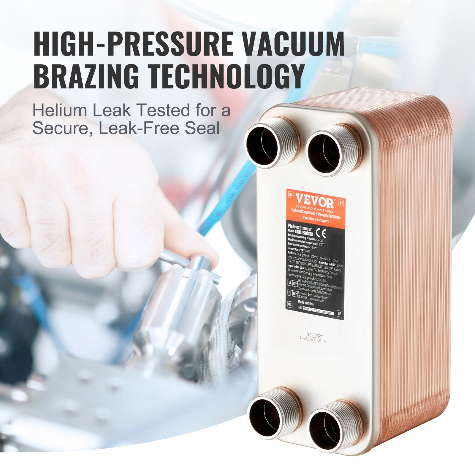 VEVOR Heat Exchanger, 5"x 12" 50 Plates Brazed Plate Heat Exchanger, Copper/316L Stainless Steel Water To Water Heat Exchanger For Floor Heating, Water Heating, Snow Melting, Beer Cooling 
