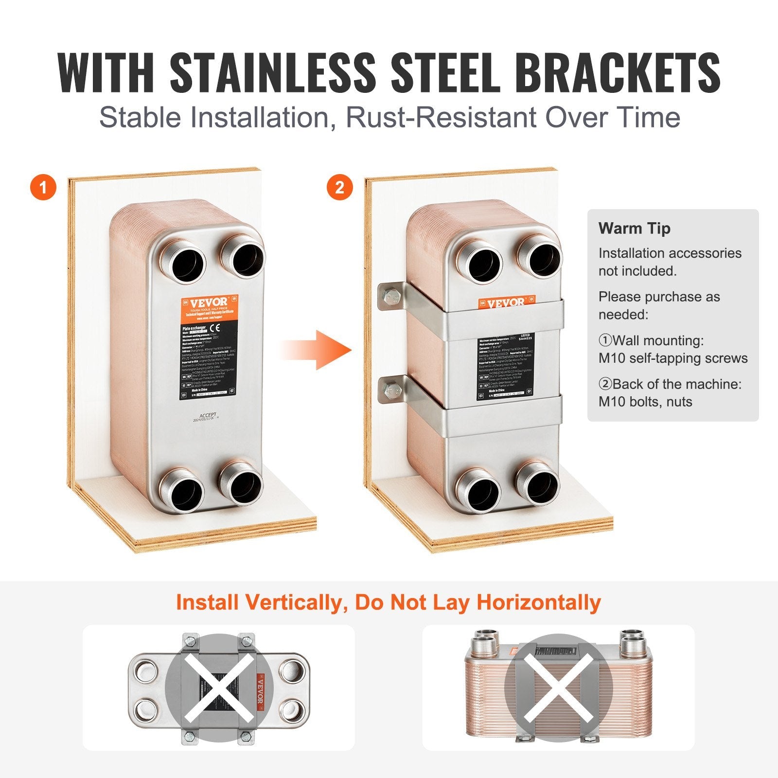 VEVOR Heat Exchanger, 5"x 12" 50 Plates Brazed Plate Heat Exchanger, Copper/316L Stainless Steel Water To Water Heat Exchanger For Floor Heating, Water Heating, Snow Melting, Beer Cooling 