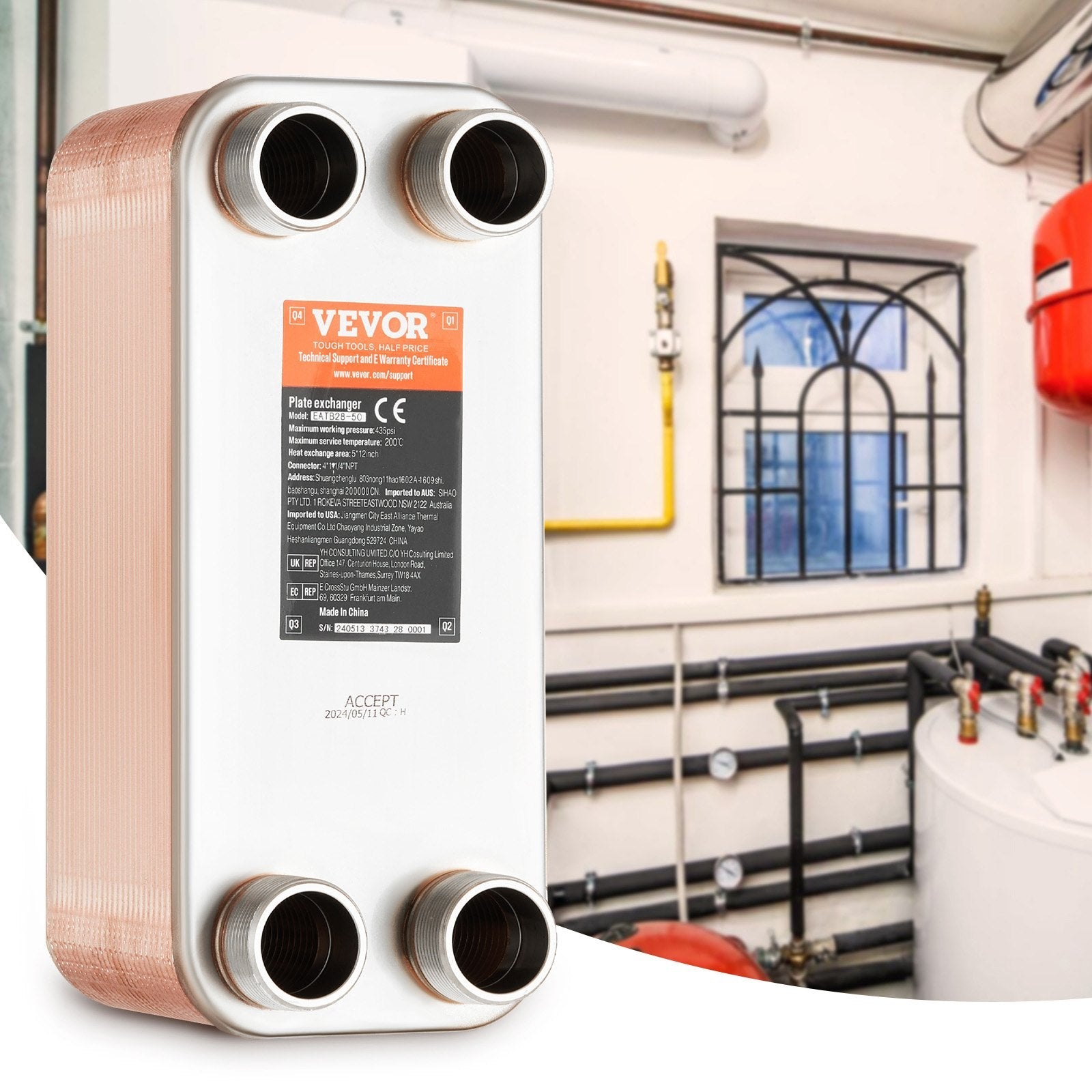 VEVOR Heat Exchanger, 5"x 12" 50 Plates Brazed Plate Heat Exchanger, Copper/316L Stainless Steel Water To Water Heat Exchanger For Floor Heating, Water Heating, Snow Melting, Beer Cooling 