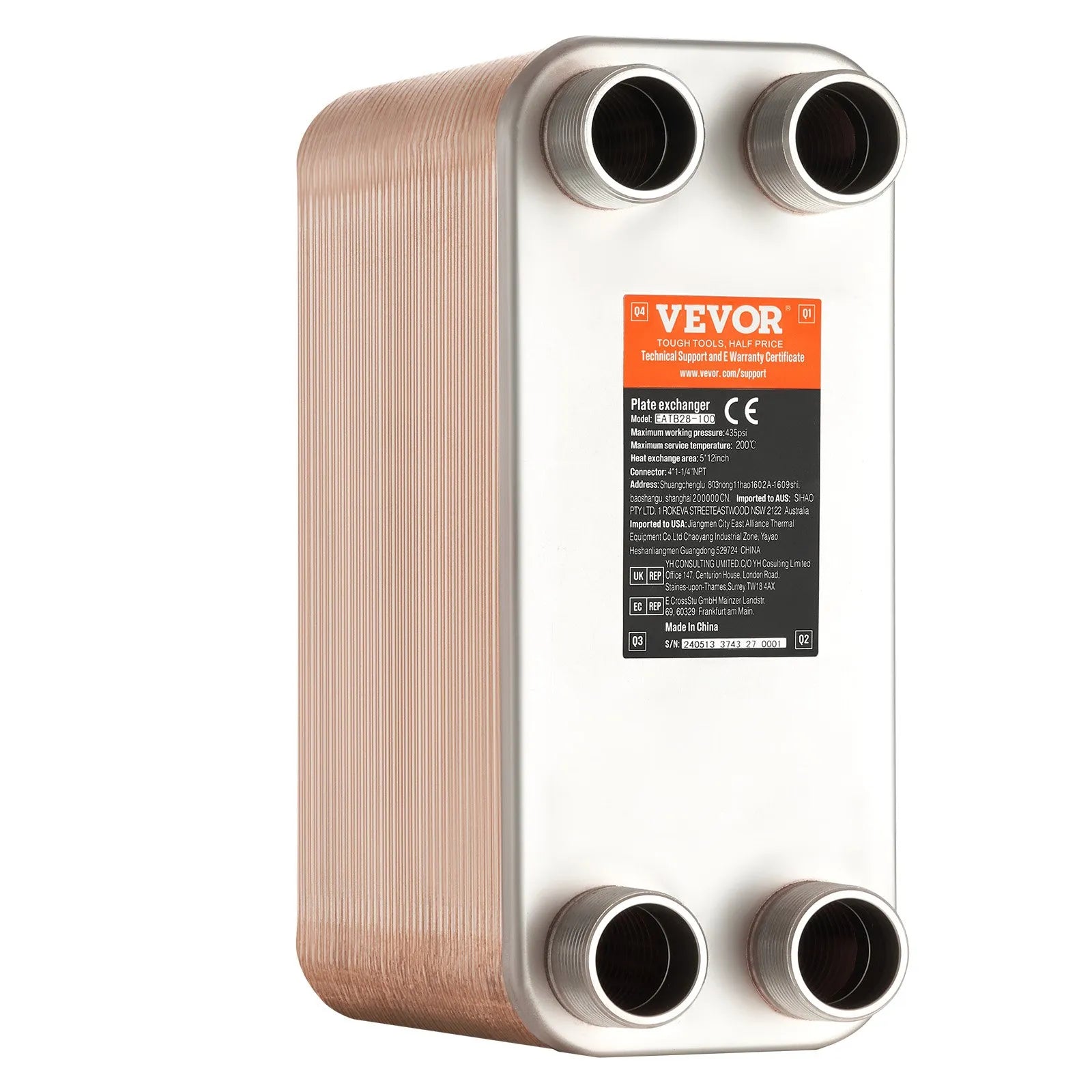 VEVOR Heat Exchanger, 5"x 12" 80 Plates Brazed Plate Heat Exchanger, Copper/316L Stainless Steel Water To Water Heat Exchanger For Floor Heating, Water Heating, Snow Melting, Beer Cooling