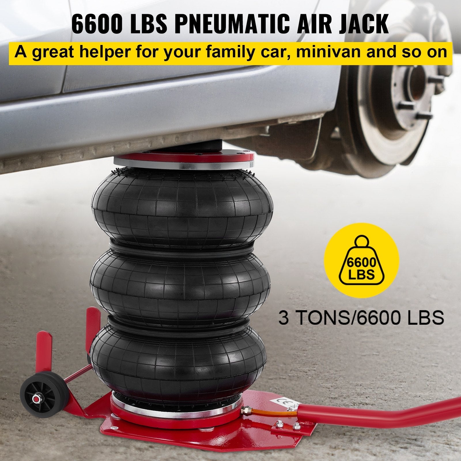 VEVOR Triple Bag Air Jack 3 Ton 6600lbs Pneumatic Car Jack Red Air Jack Portable Lifting Up to 16 Inch 