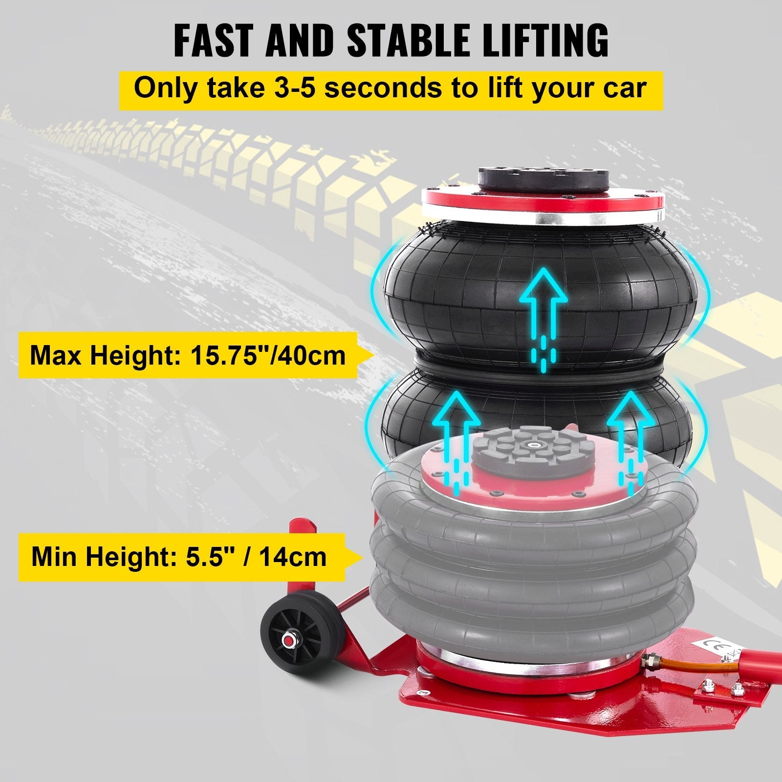 VEVOR Triple Bag Air Jack 3 Ton 6600lbs Pneumatic Car Jack Red Air Jack Portable Lifting Up to 16 Inch 