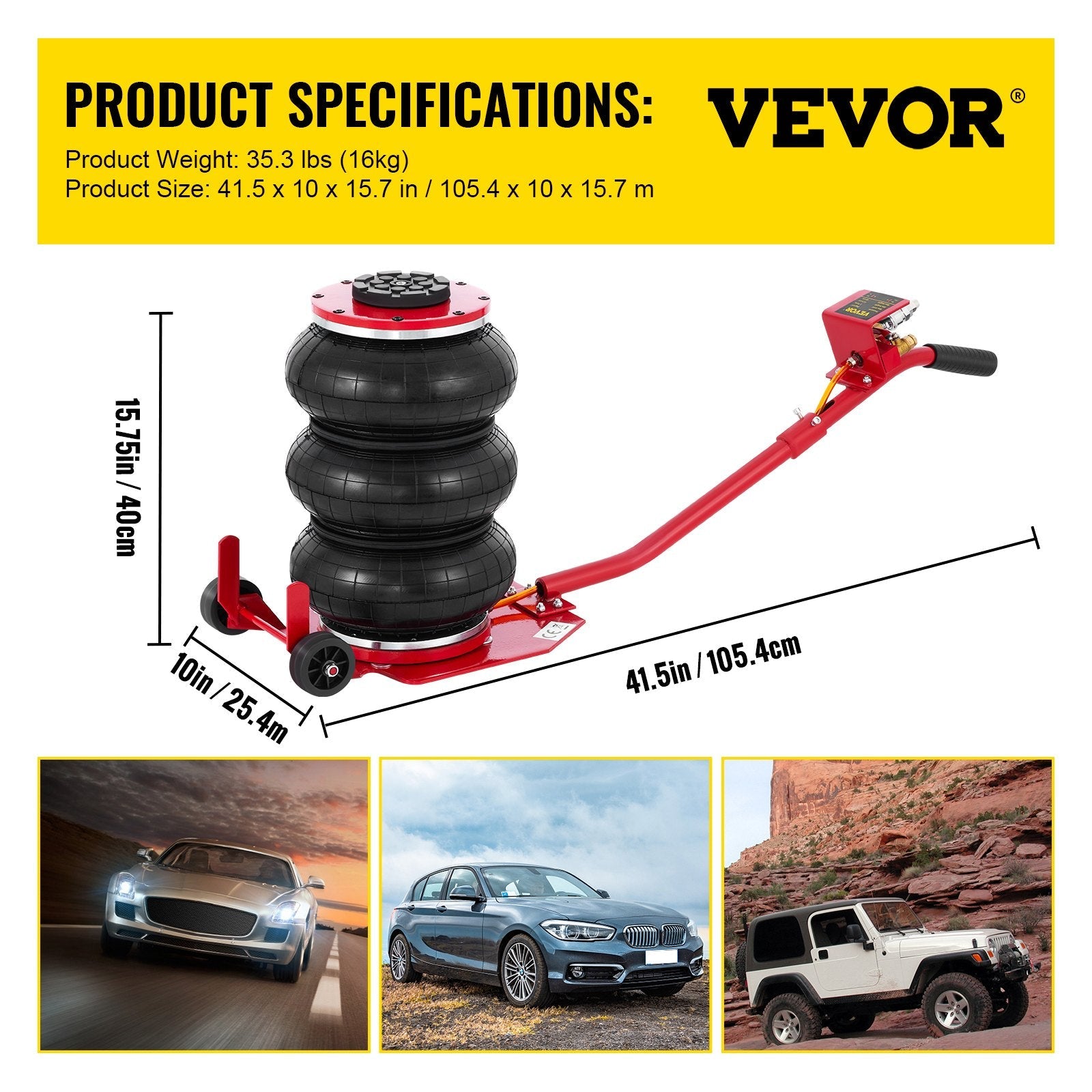 VEVOR Triple Bag Air Jack 3 Ton 6600lbs Pneumatic Car Jack Red Air Jack Portable Lifting Up to 16 Inch 