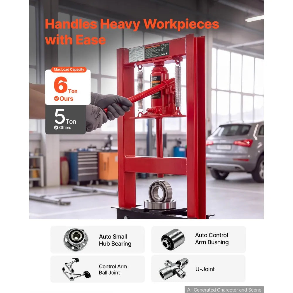 6 Ton Hydraulic Shop Press with H-Frame, 4-Level Adjustable Height & Movable Plates – Heavy-Duty Garage Press