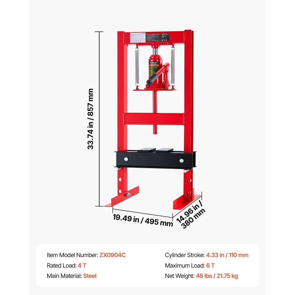 6 Ton Hydraulic Shop Press with H-Frame, 4-Level Adjustable Height & Movable Plates – Heavy-Duty Garage Press