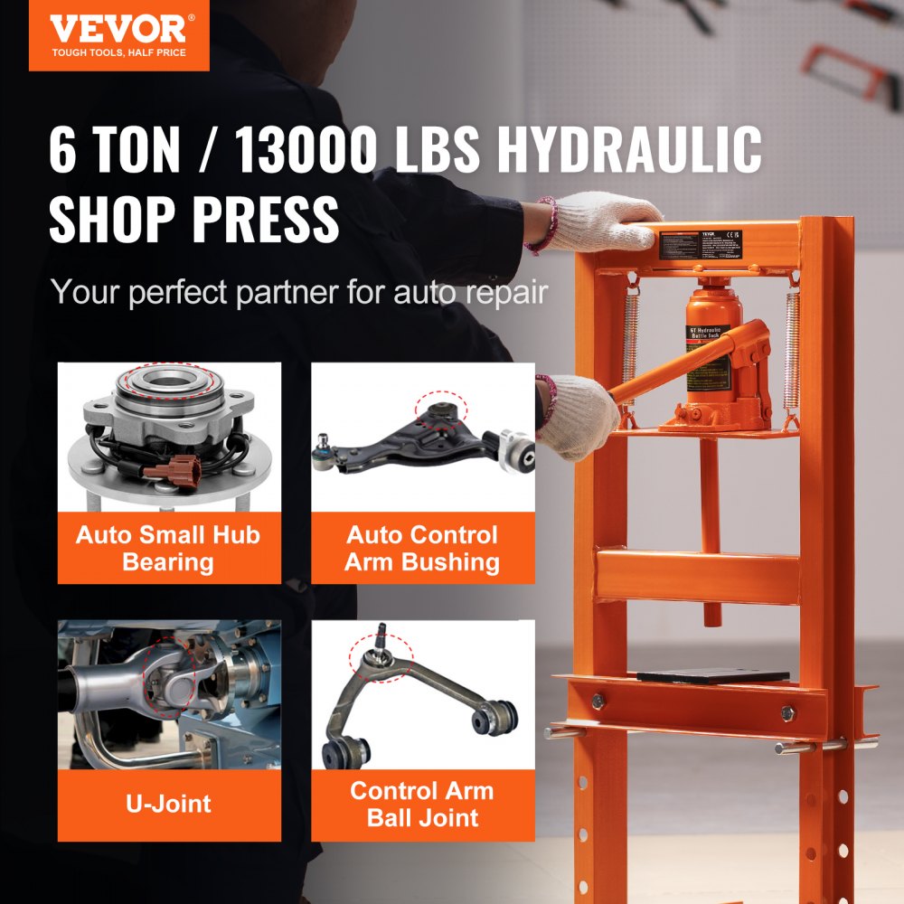 VEVOR Hydraulic Shop Press, 6 Ton H-Frame Hydraulic Garage/Shop Floor Press, Adjustable Shop Press with Press Plates, Heavy Duty Hydraulic Press for Garage, Shop, Workshop 