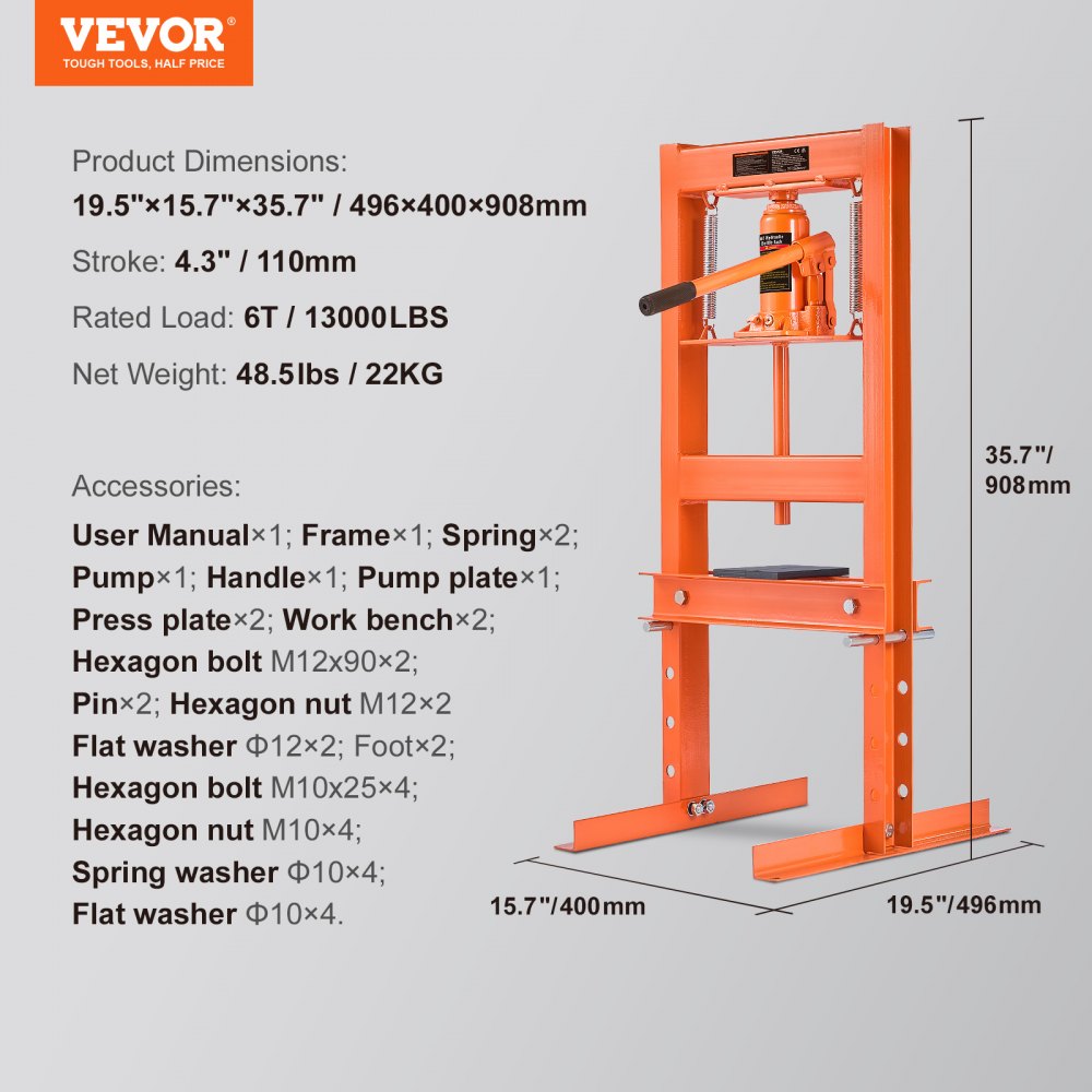 VEVOR Hydraulic Shop Press, 6 Ton H-Frame Hydraulic Garage/Shop Floor Press, Adjustable Shop Press with Press Plates, Heavy Duty Hydraulic Press for Garage, Shop, Workshop 