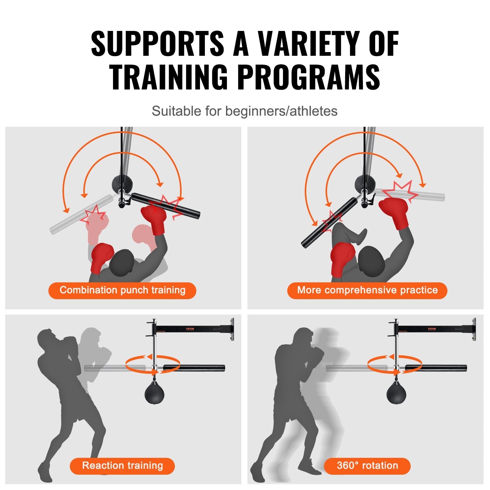 VEVOR Wall Mount Boxing Spinning Bar, Spinning Bar with Punching Ball, Adjustable Boxing Speed Trainer, Reflex Boxing Bar with Gloves, Boxing Training Equipment for Kickboxing, MMA, Fitness 