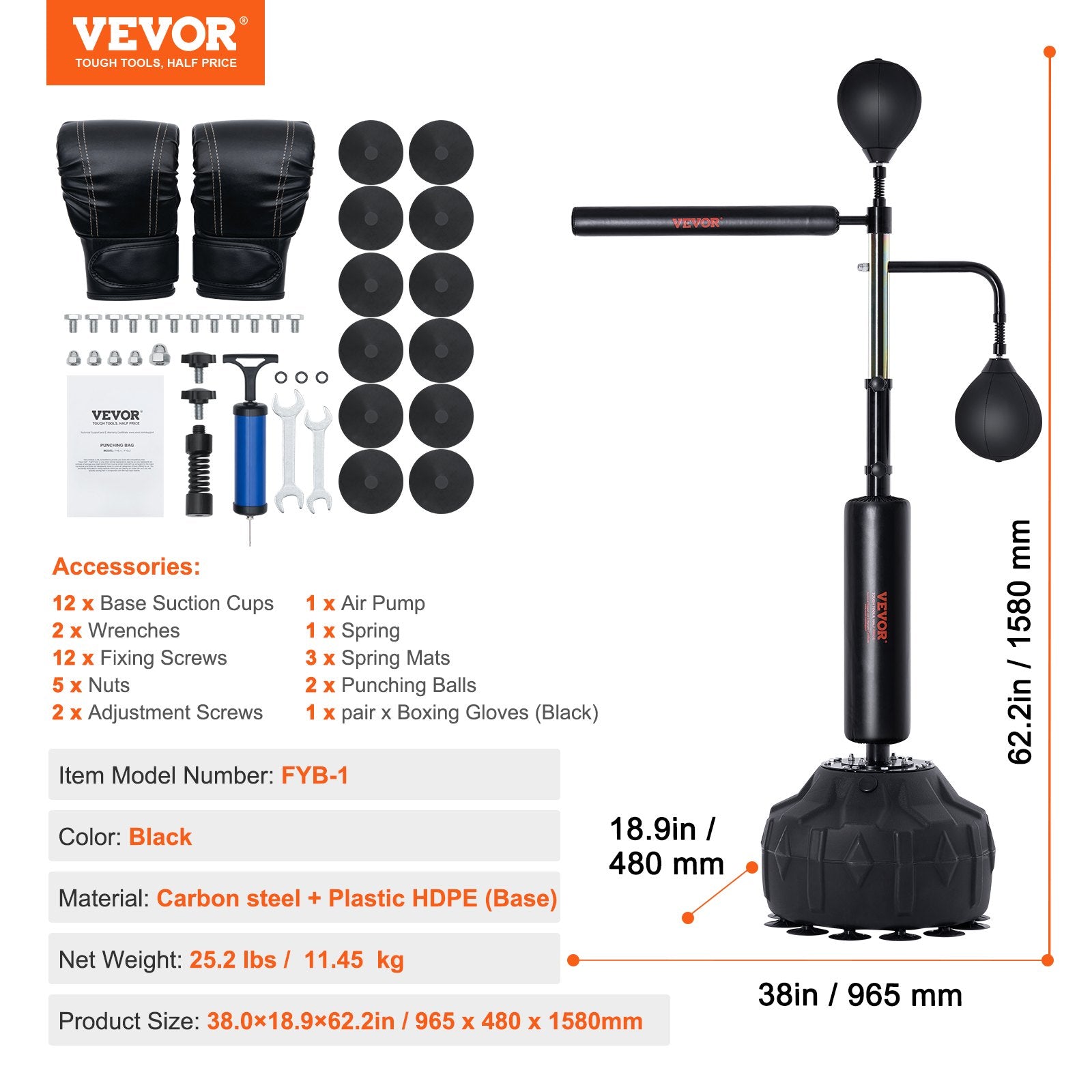 VEVOR Boxing Speed Trainer, Punching Bag with Stand, Reflex Boxing Bag for Teens & Adults, Height Adjustable Free Standing Strike Bag Set with Gloves, Workout Speed Bag for Home Gym Training, Black 