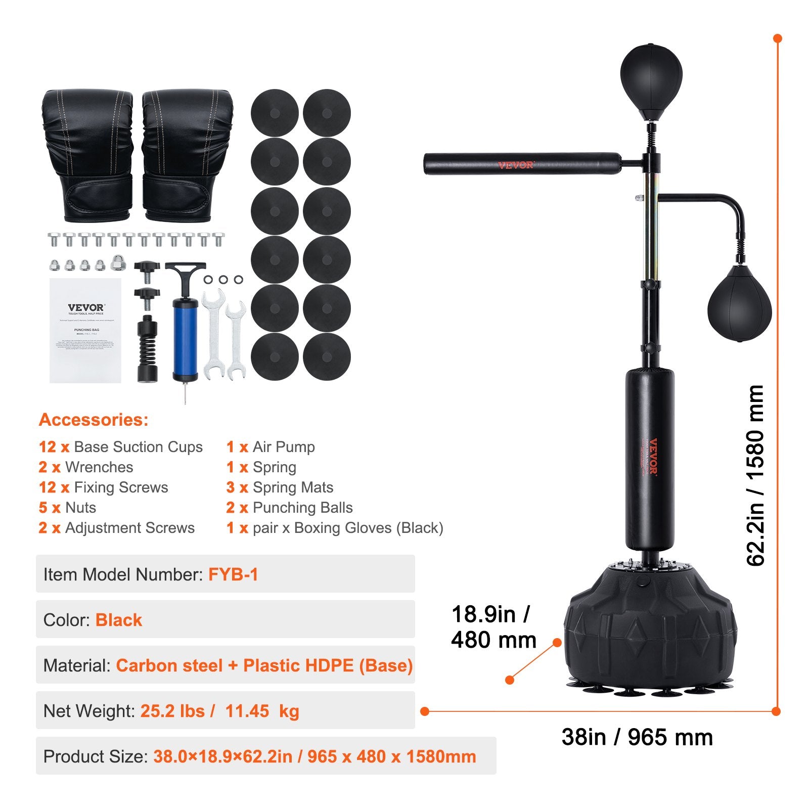 VEVOR Boxing Speed Trainer, Punching Bag with Stand, Reflex Boxing Bag for Teens & Adults, Height Adjustable Free Standing Strike Bag Set with Gloves, Workout Speed Bag for Home Gym Training, Black 