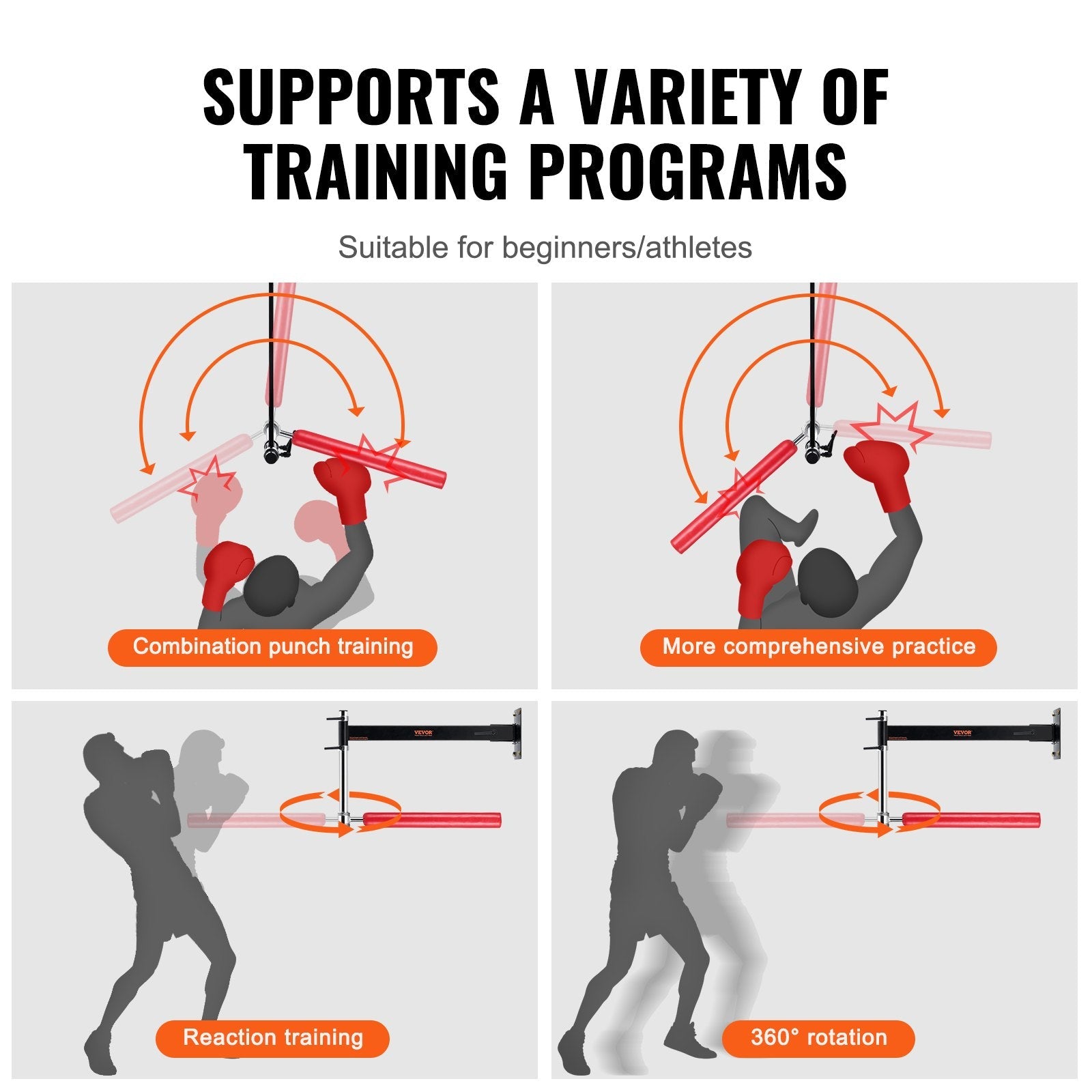 VEVOR Wall Mount Boxing Spinning Bar, Adjustable Punching Spinning Bar, Boxing Speed Trainer with Gloves, Red Reflex Boxing Bar, Boxing Training Equipment for Kickboxing, MMA, Stress Relief & Fitness 