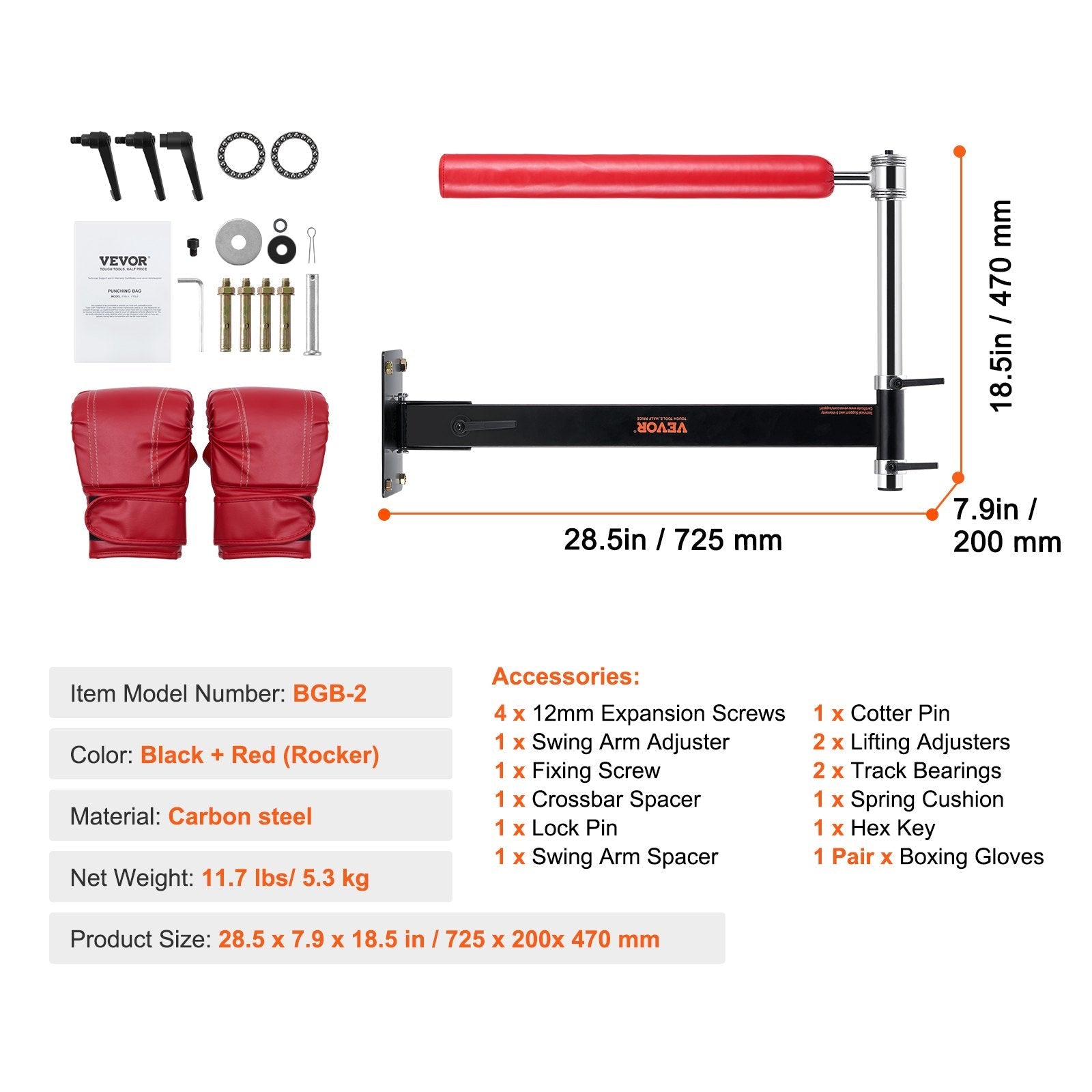 VEVOR Wall Mount Boxing Spinning Bar, Adjustable Punching Spinning Bar, Boxing Speed Trainer with Gloves, Red Reflex Boxing Bar, Boxing Training Equipment for Kickboxing, MMA, Stress Relief & Fitness 