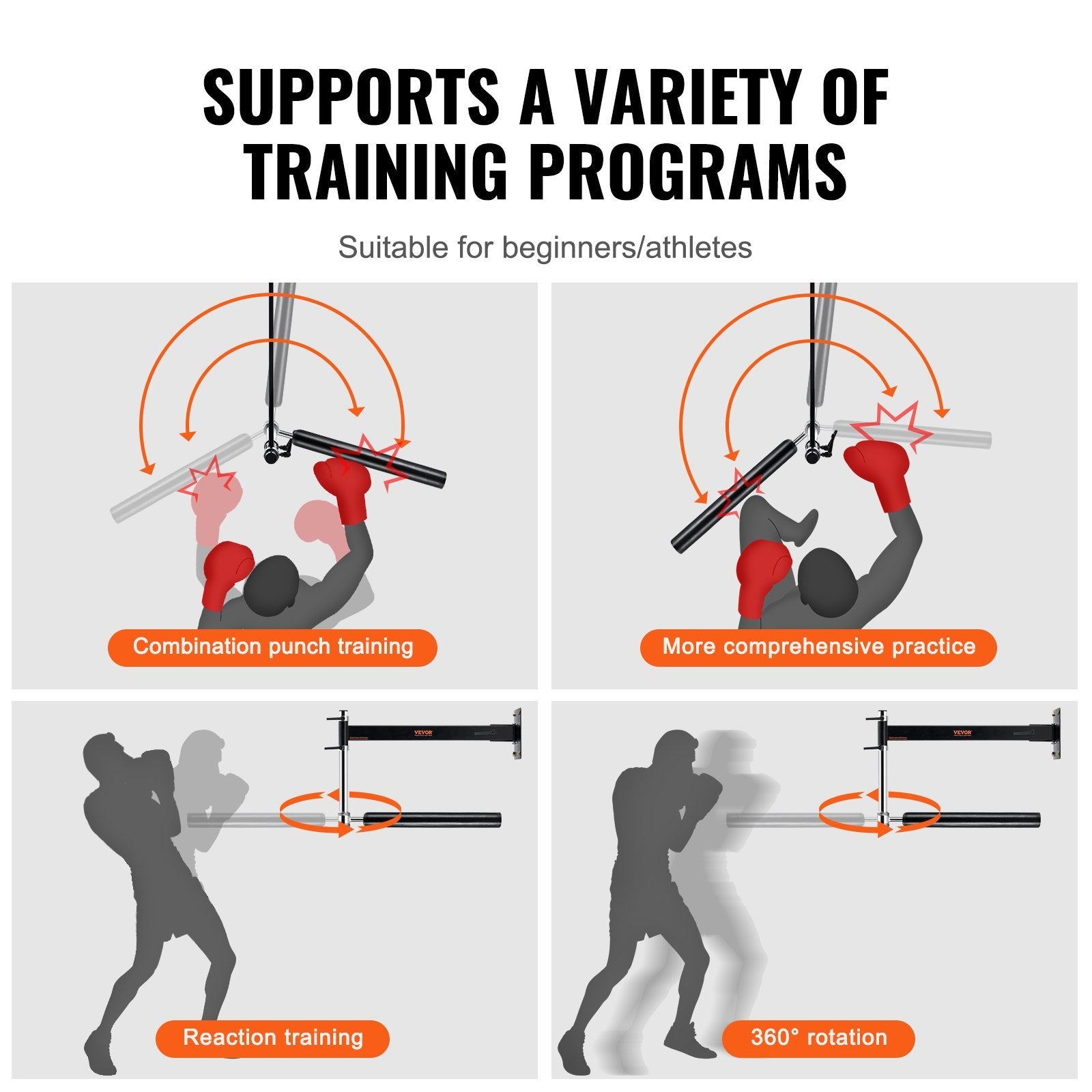 VEVOR Wall Mount Boxing Spinning Bar, Adjustable Punching Spinning Bar, Boxing Speed Trainer with Gloves, Black Reflex Boxing Bar, Boxing Training Equipment for Kickboxing, MMA, Stress Relief, Fitness 