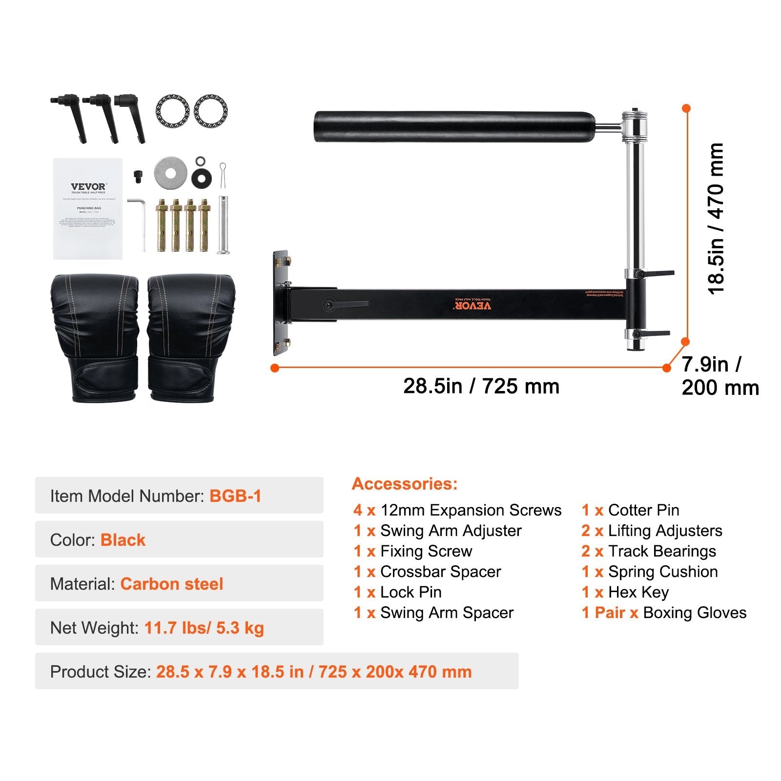 VEVOR Wall Mount Boxing Spinning Bar, Adjustable Punching Spinning Bar, Boxing Speed Trainer with Gloves, Black Reflex Boxing Bar, Boxing Training Equipment for Kickboxing, MMA, Stress Relief, Fitness 