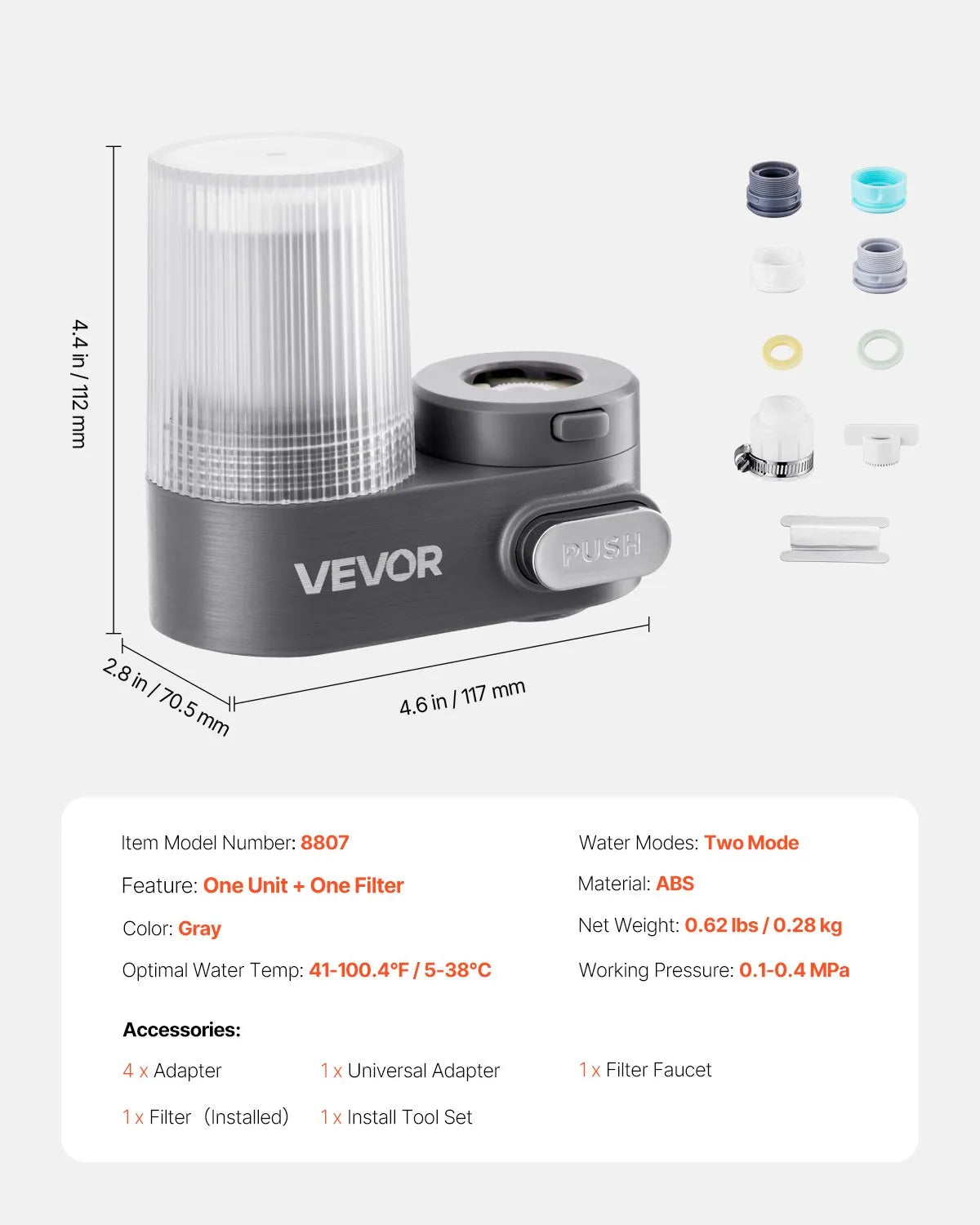VEVOR Faucet Mount Water Filter Sink Water Purifier for Kitchen Vertical Gray