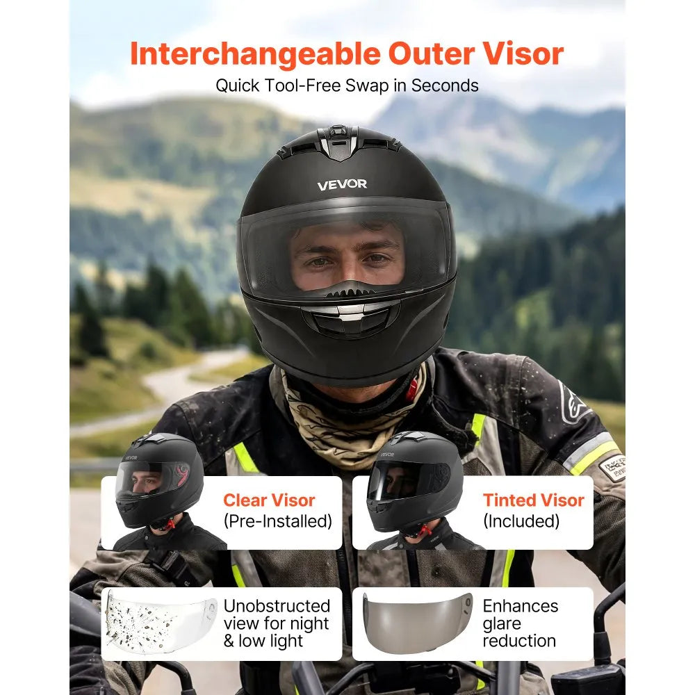 Full Face Motorcycle Helmet – DOT Approved Motocross & Street Bike Helmet with Clear & Tinted Visors, L