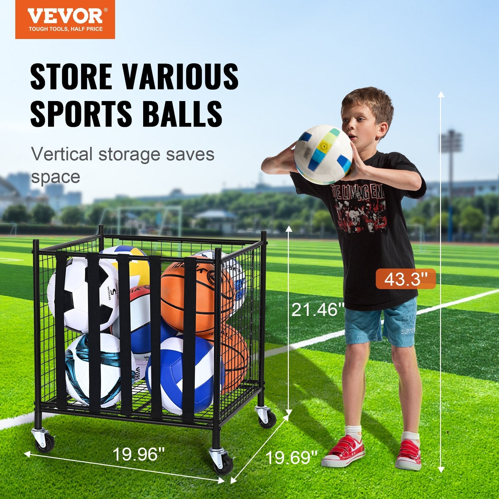 VEVOR Rolling Sports Ball Storage Cart, Lockable Basketball Cage with Elastic Straps, Sport Equipment Holder Organizer for Indoor Outdoor, Steel Storage Rack for Garages, Playgroup, Gym and Schools 