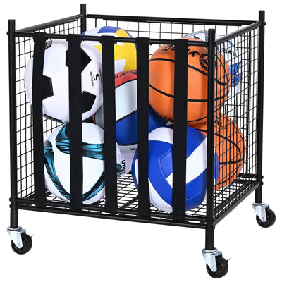 VEVOR Rolling Sports Ball Storage Cart, Lockable Basketball Cage with Elastic Straps, Sport Equipment Holder Organizer for Indoor Outdoor, Steel Storage Rack for Garages, Playgroup, Gym and Schools 