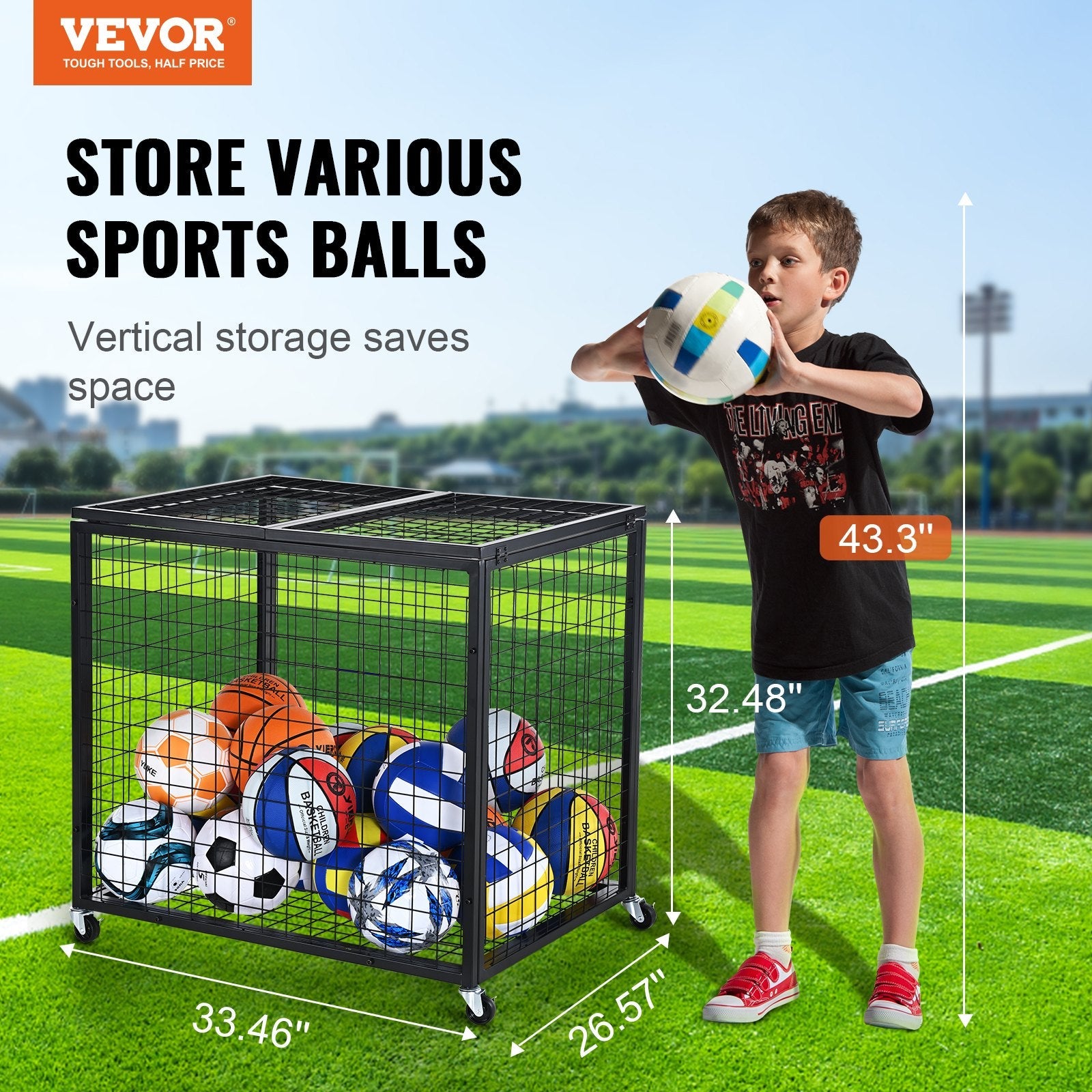 VEVOR Rolling Sports Ball Storage Cart, Lockable Basketball Cage with Double Lids, Sport Equipment Holder Organizer for Indoor Outdoor, Steel Storage Rack for Garages, Playgroup, Gym and Schools 
