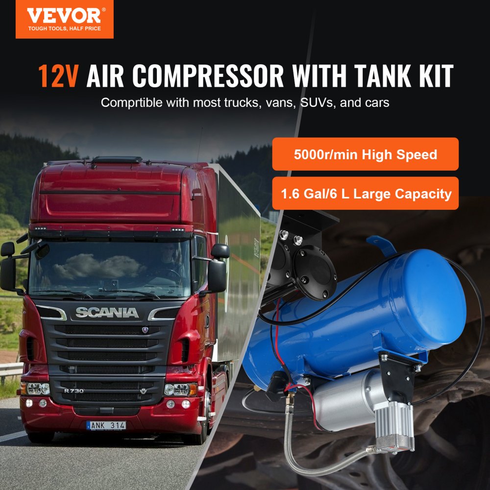 VEVOR 12V Air Compressor with Tank 1.6 Gallon/6 L, Train Horn Air Compressor, 120 psi Working Pressure Onboard Air Compressor System for Train Air Horns, Inflating Tires, Air Mattresses 