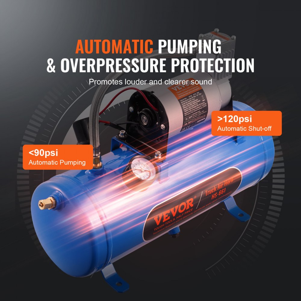 VEVOR 12V Air Compressor with Tank 1.6 Gallon/6 L, Train Horn Air Compressor, 120 psi Working Pressure Onboard Air Compressor System for Train Air Horns, Inflating Tires, Air Mattresses 