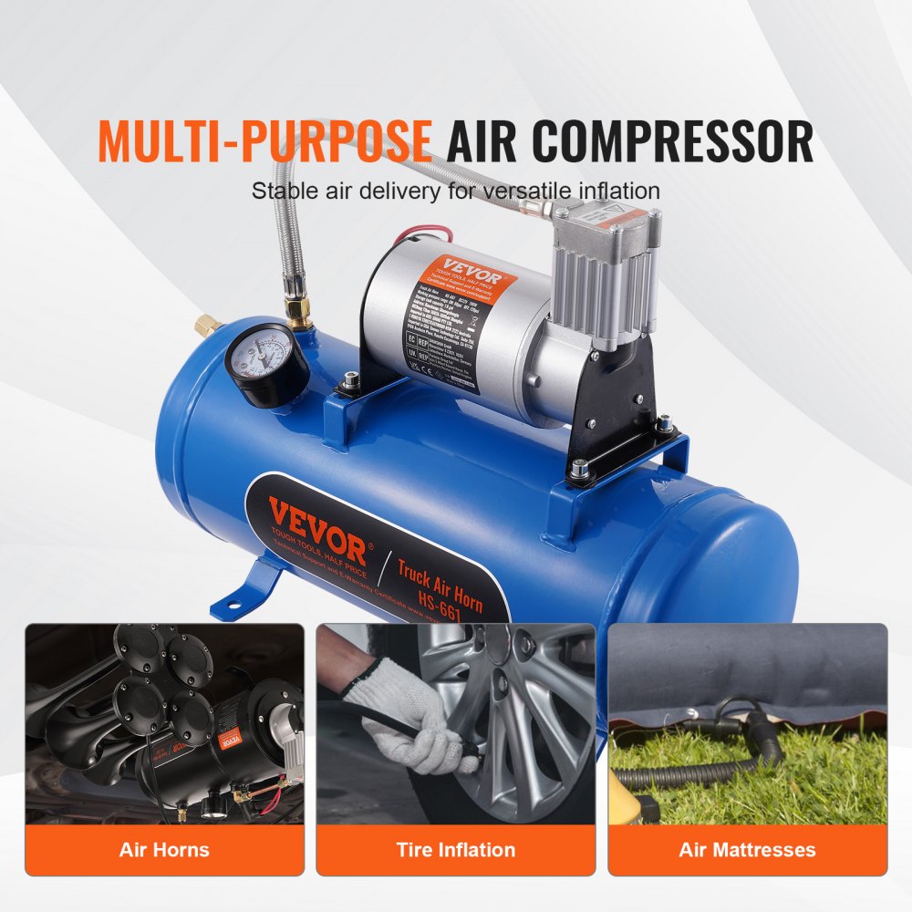 VEVOR 12V Air Compressor with Tank 1.6 Gallon/6 L, Train Horn Air Compressor, 120 psi Working Pressure Onboard Air Compressor System for Train Air Horns, Inflating Tires, Air Mattresses 
