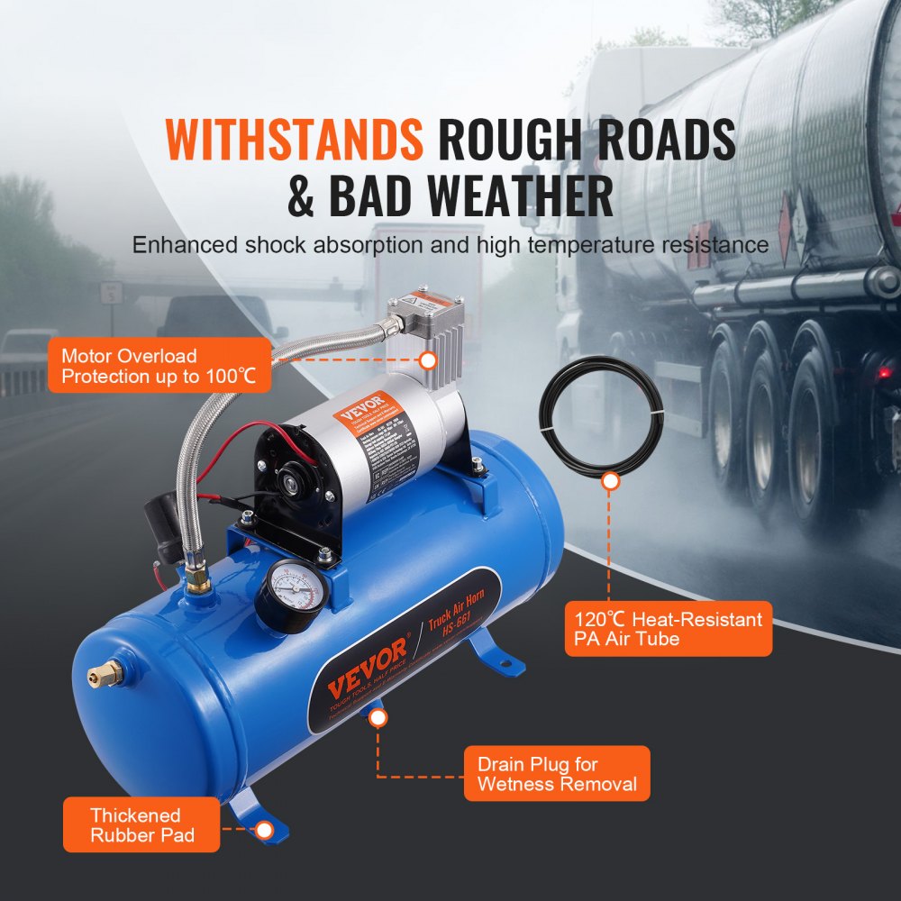 VEVOR 12V Air Compressor with Tank 1.6 Gallon/6 L, Train Horn Air Compressor, 120 psi Working Pressure Onboard Air Compressor System for Train Air Horns, Inflating Tires, Air Mattresses 